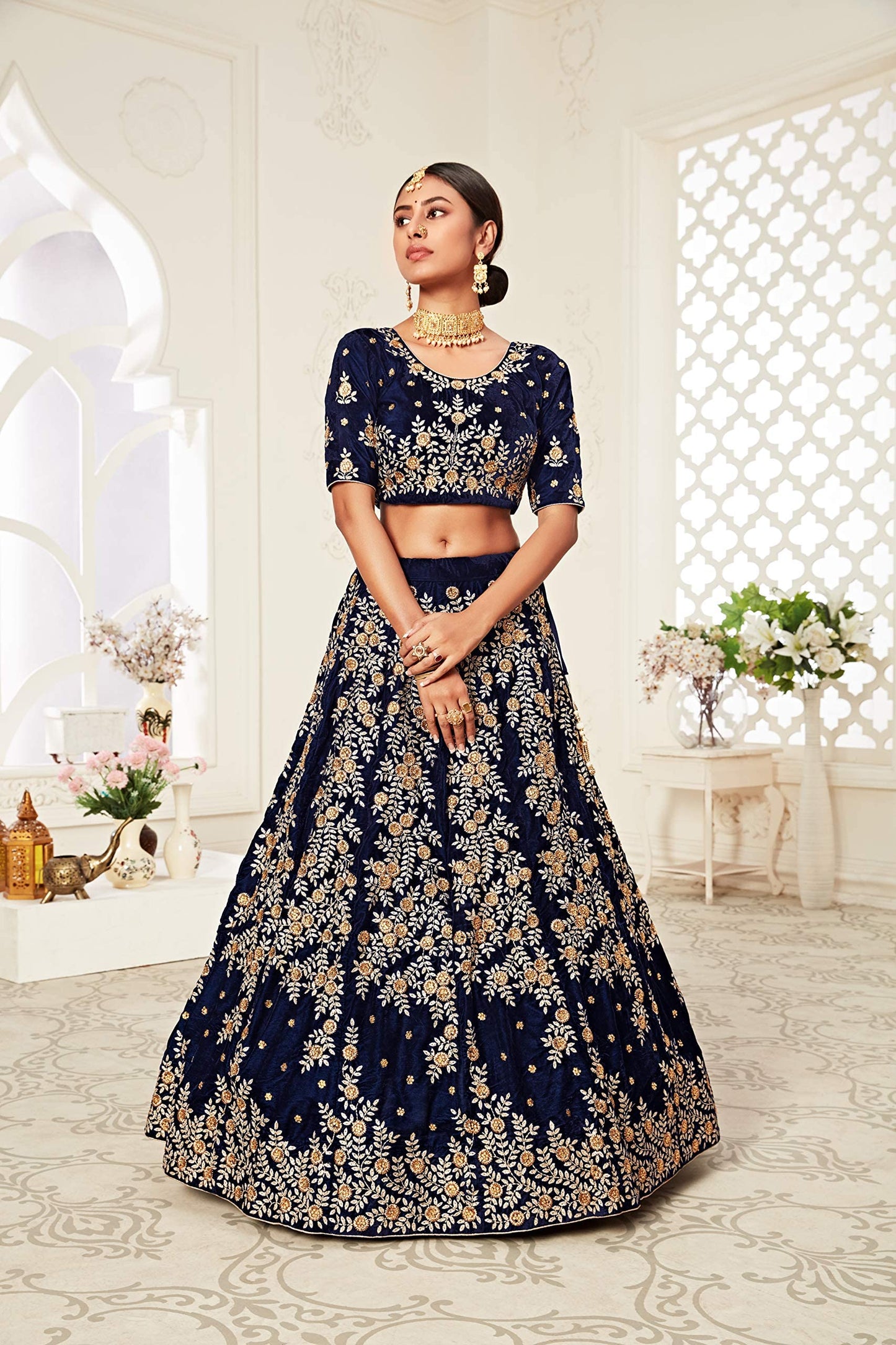 Zeel Clothing Women's Navy Blue Zari and Diamond Work Velvet Semi-Stitched Lehenga Choli (7707-Wedding-Bridal-New-Lehenga_Blue_Free Size)