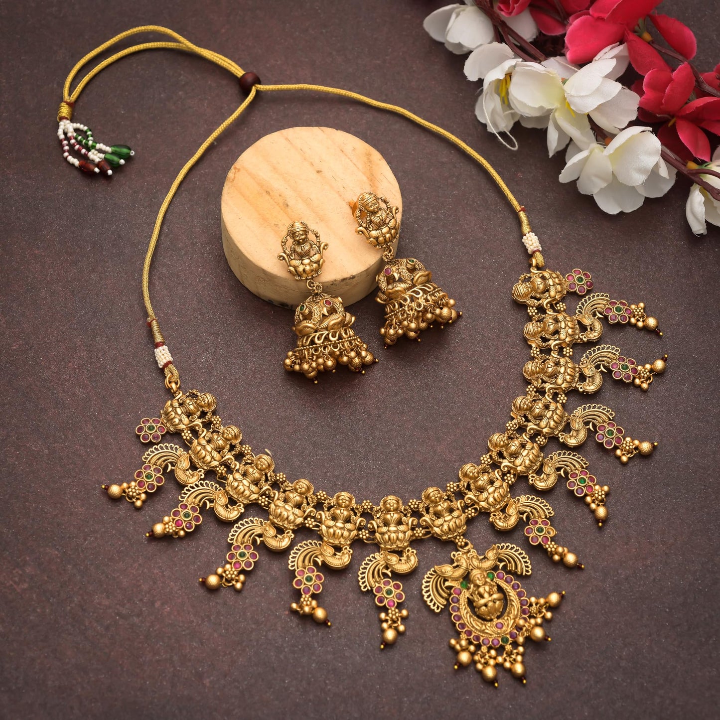 VOYLLA Faux Pearls and Kundan Adorned Brass Temple Jewellery Set