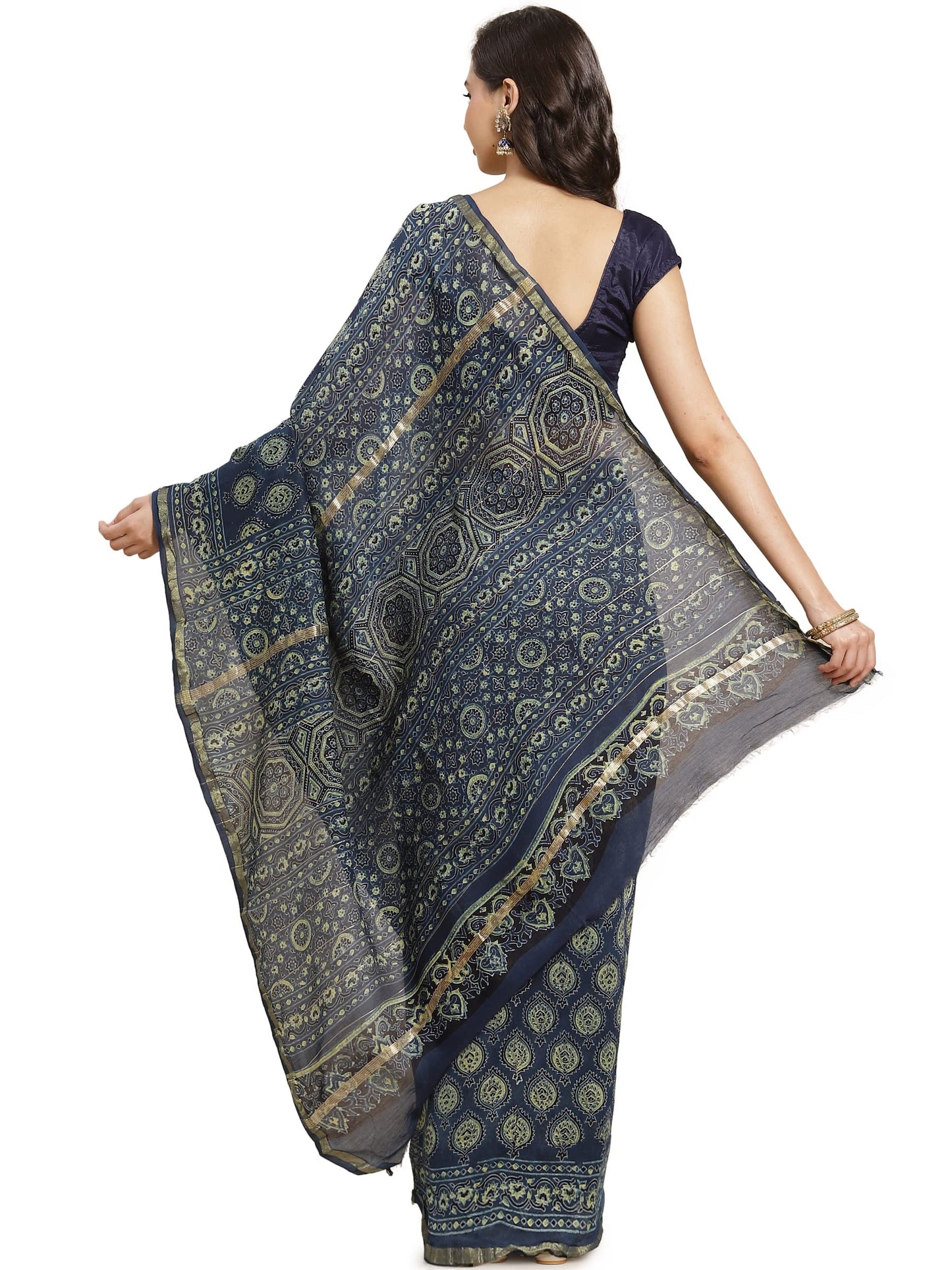 Aditri Women's Handloom Ajrakh on Chanderi Silk Saree with Running Blouse (Multicolored)