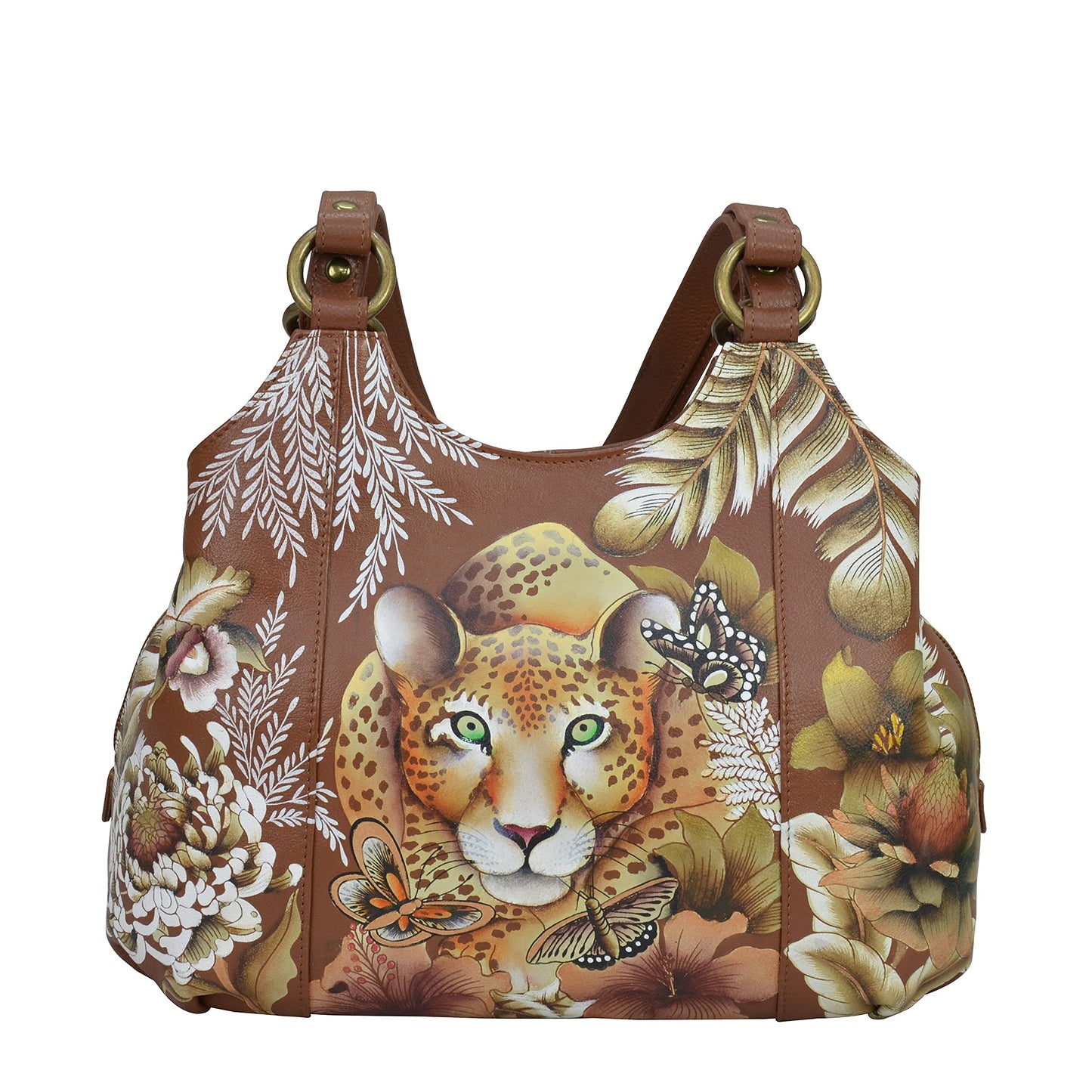 Anuschka Women's Hand Painted Genuine Leather Triple Compartment Satchel - Cleopatra's Leopard Tan