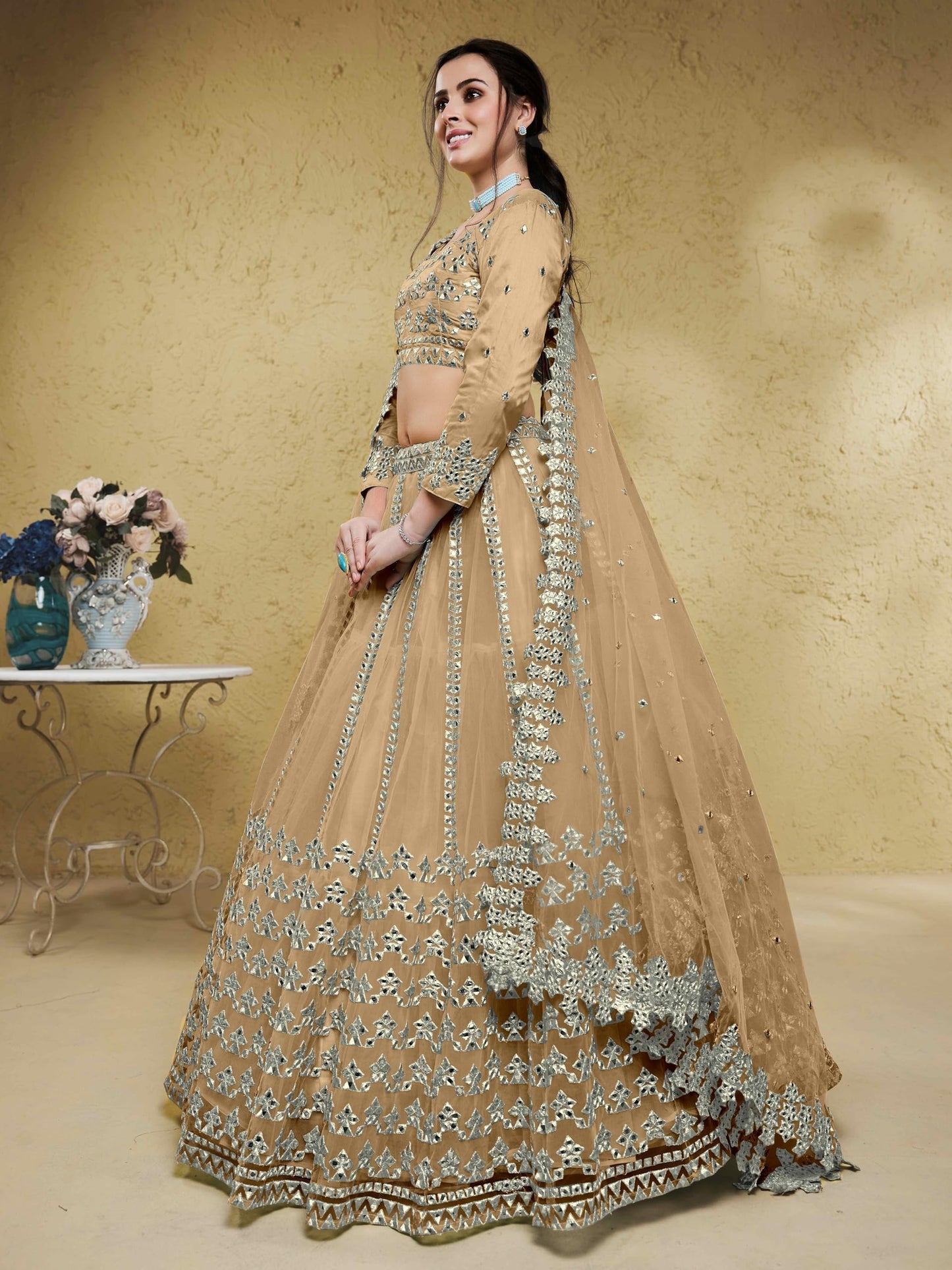 Zeel Clothing Women's Net Semi-stitched Foil Embroidered Lehenga Choli With Dupatta (5029-Beige--Lehenga-Choli-Latest,Free size)