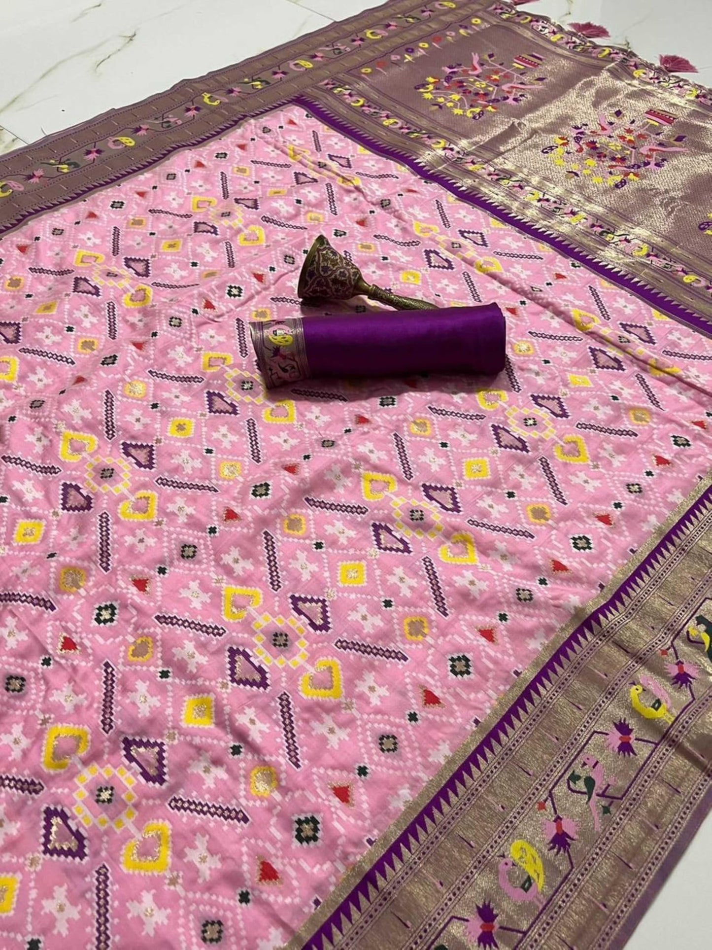 Pandadi Saree Women's Baby Pink Pure Soft Kanchivaram Paithani Silk saree With Unstitched Blouse Piece