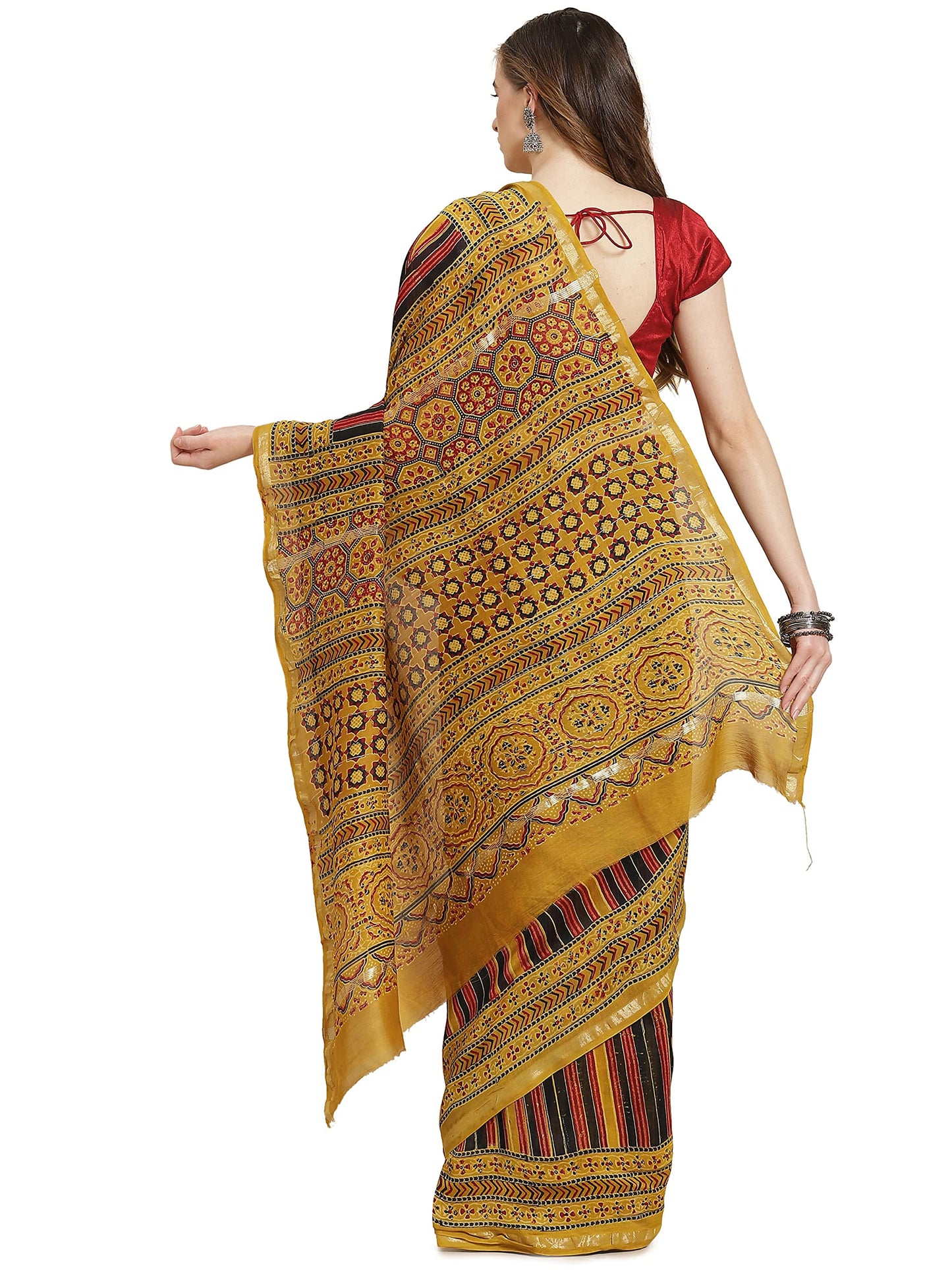 Aditri Women's Handloom Ajrakh on Chanderi Silk Saree with Running Blouse (Multicolored)