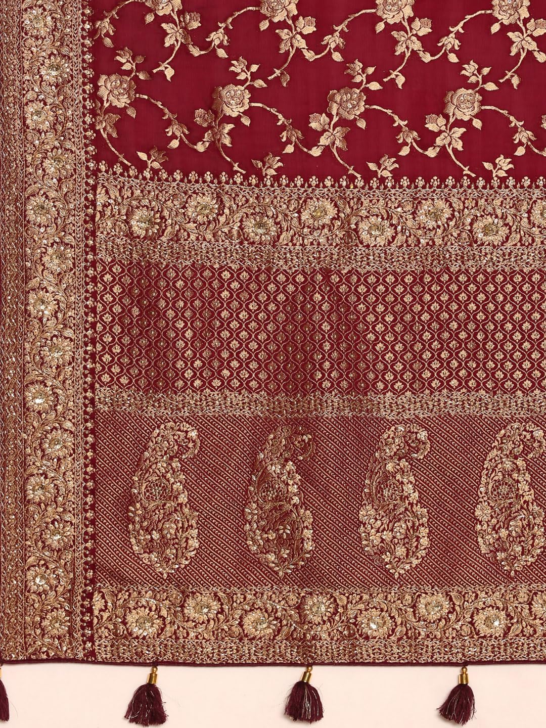 MOHEY Wine Satin Zari Weave |Stone Work Saree for Women