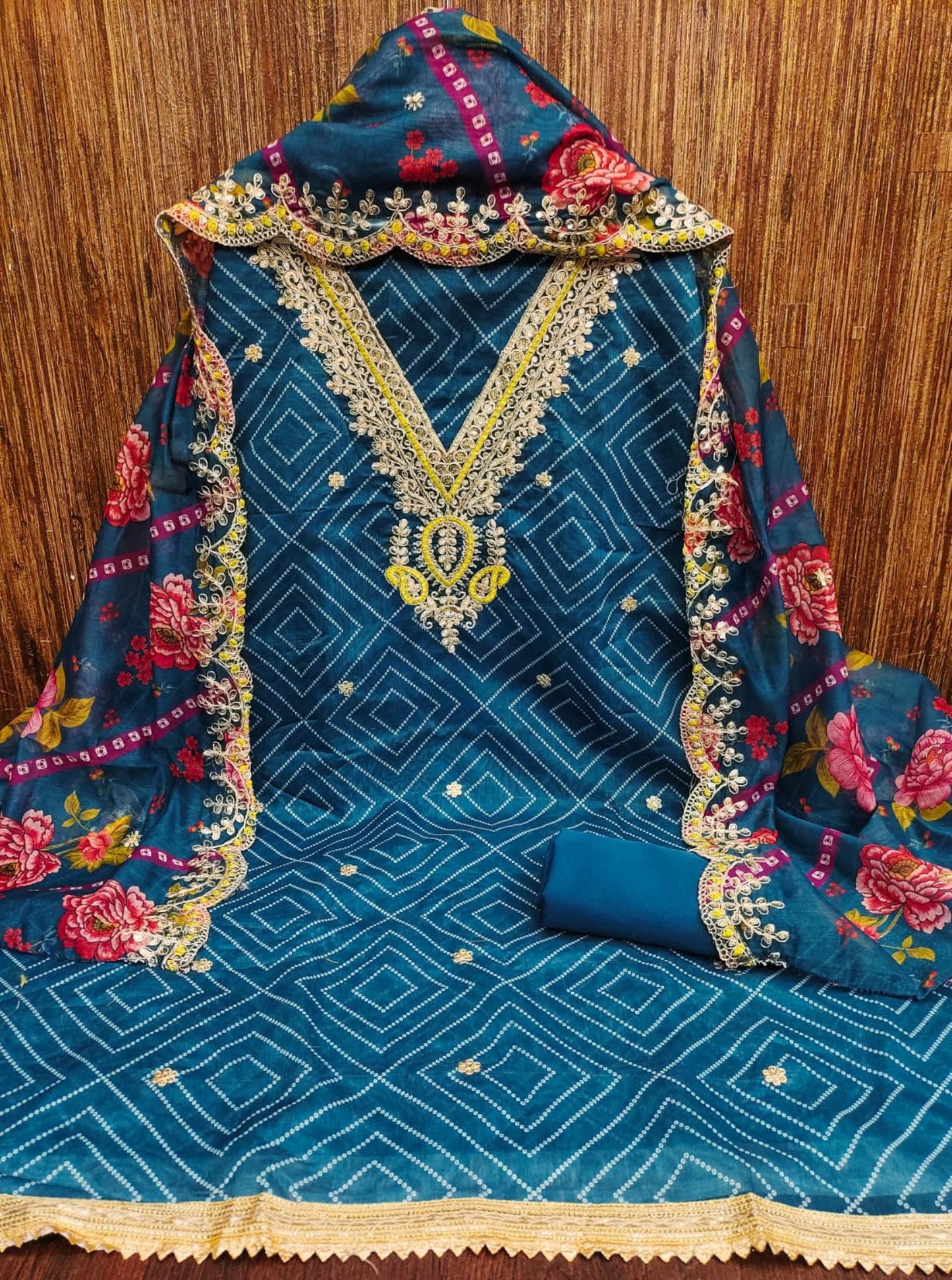 Leeli Peeri Designer Women's Chanderi Bandhani Print With Coding Work Unstitched Dress Material