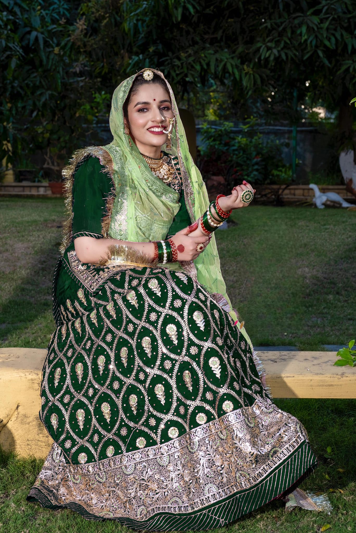 SHYAMLATA Latest Heavy Embroidery Work Semi Stitched Shimmer Silk Rajputi Poshak For Women Rajasthani Lehenga Choli (Green E)