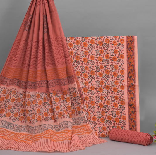 NISHIRE Women's Cotton Jaipuri Hand Block Print Unstitched Ethnic Suit Material With Mulmul Dupatta