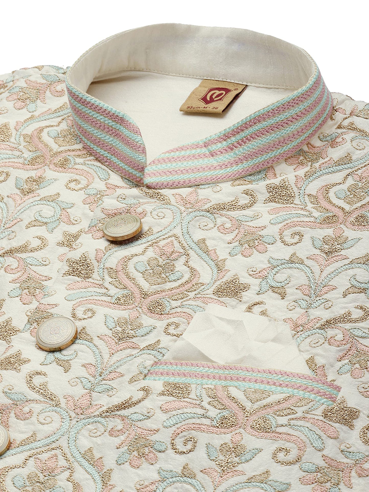 Manyavar Kurta Jacket Set for Men, Full Sleeves Mandarin Collar Ethnic Kurta Jacket Set for Festival, Wedding, Party Blended Viscous (Off White) (M)