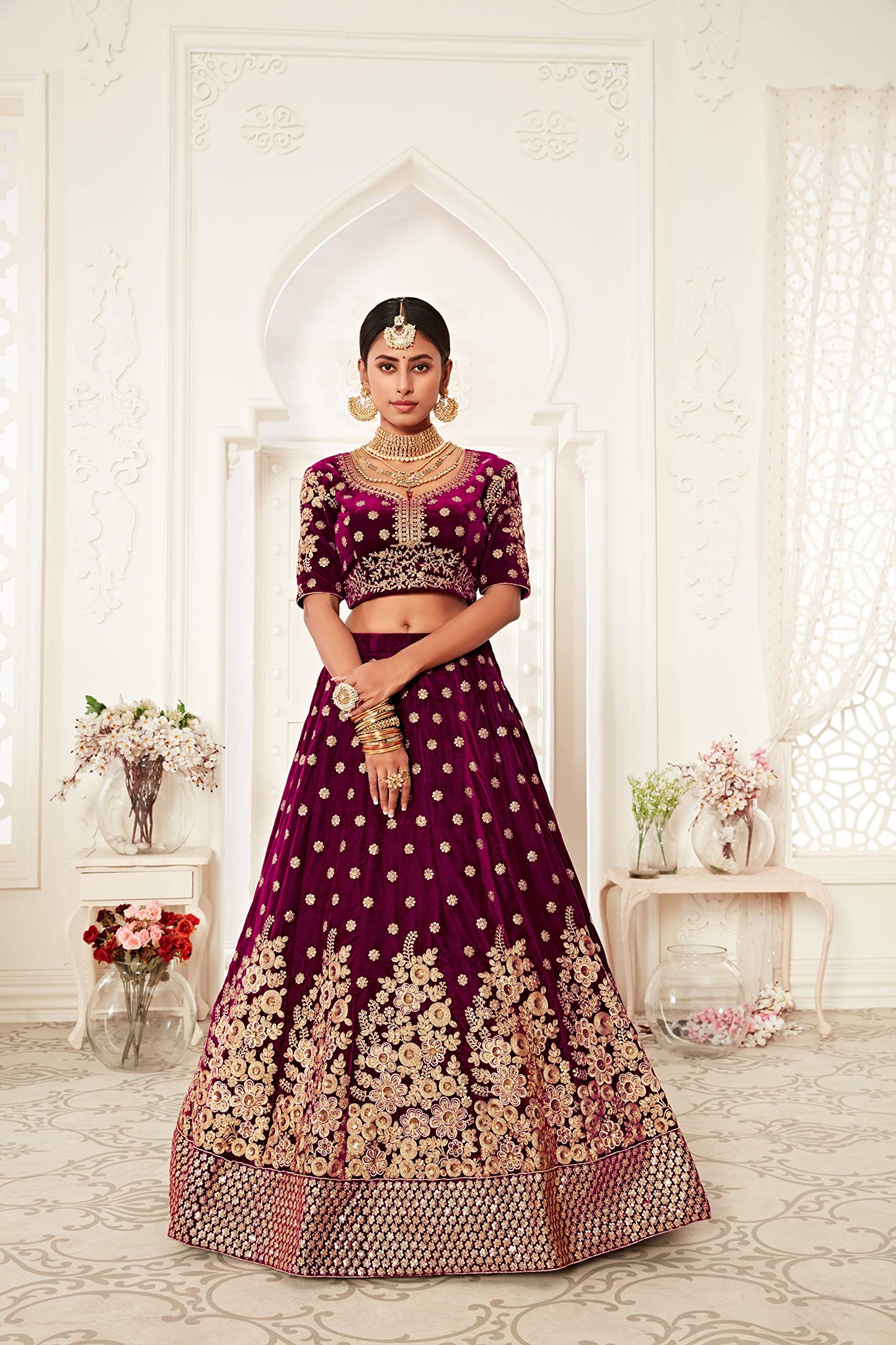 Zeel Clothing Women's Velvet Semi stitched Lehenga Choli (7702-Wedding-Bridal-Lehenga-Latest_Purple_Free Size)