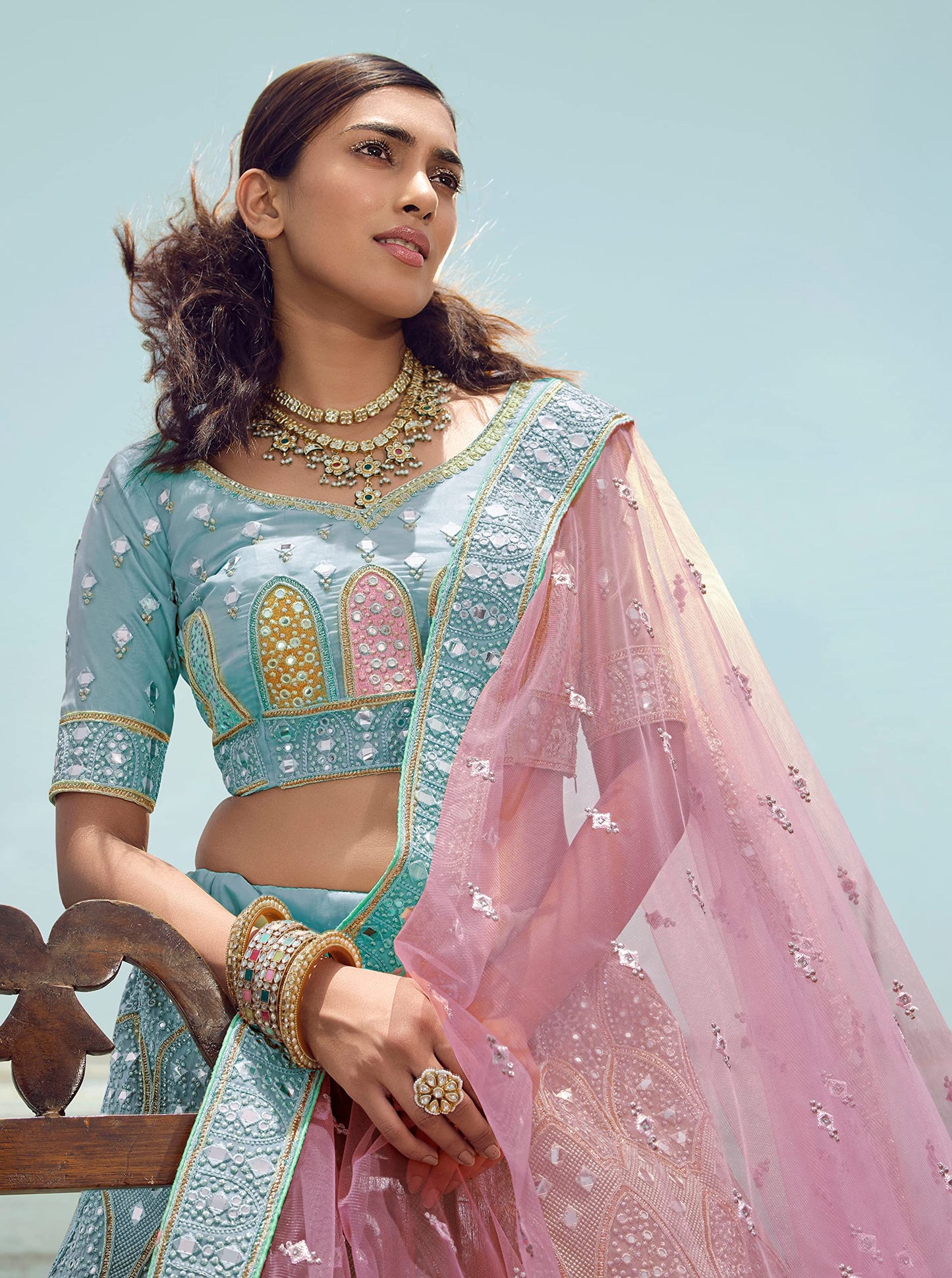 FUSIONIC Admirable Sky blue Stone Work organza base Base Lehenga Choli For Women