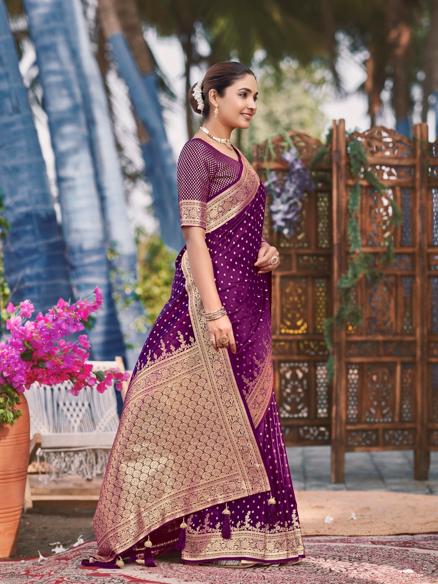 MANOHARI Women's Most Trendy Banarasi Satin Silk Woven Purple Saree With Heavy Jacquard Work Saree With Blouse Piece_MN1996