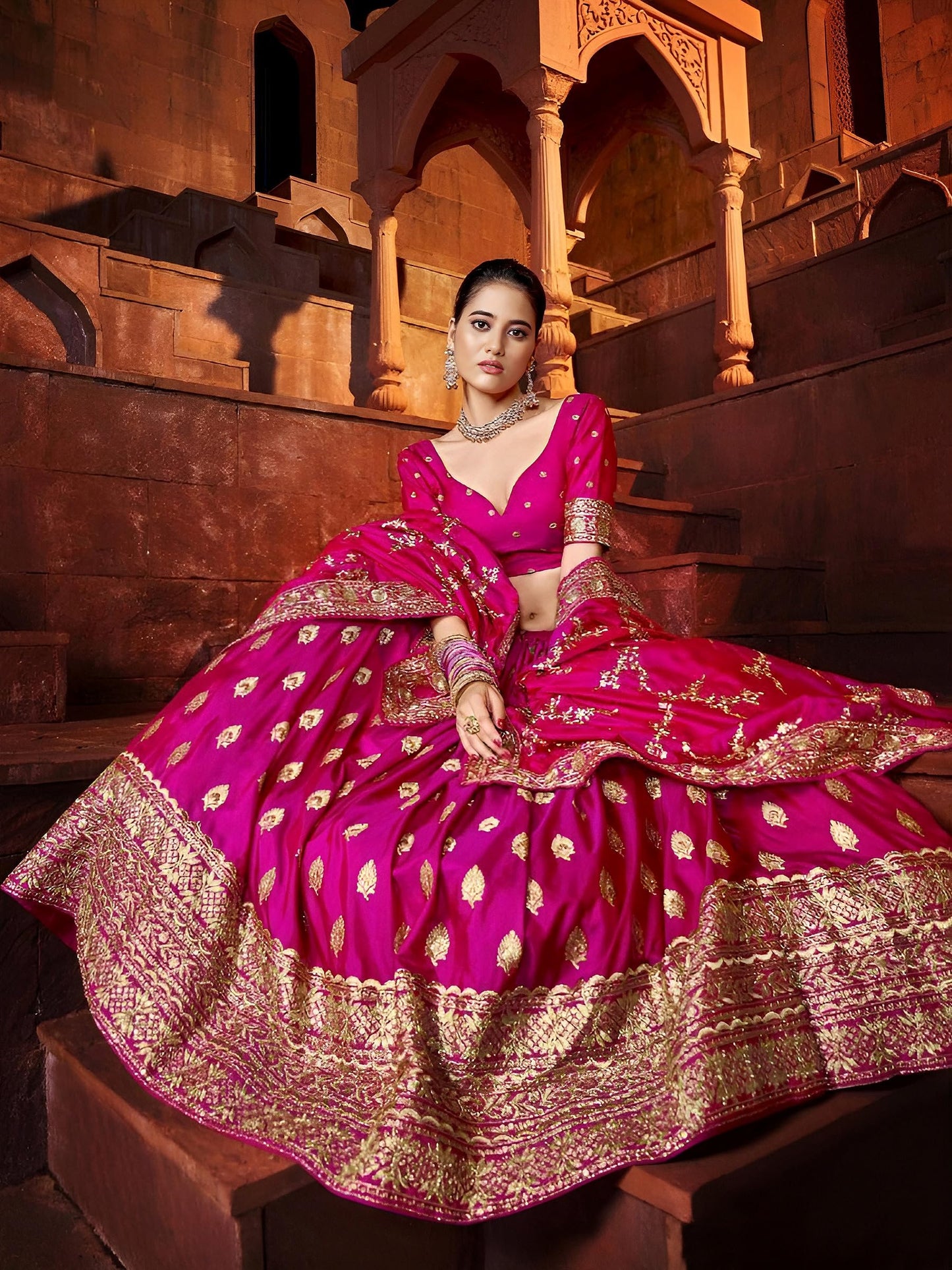 Zeel Clothing Women's Art Silk Sequins Zari Embroidered Art Silk Semi Stitched Lehenga Choli With Dupatta (5111-Pink-Womens-Lehenga-Choli-Latest; Free Size) (Pink)