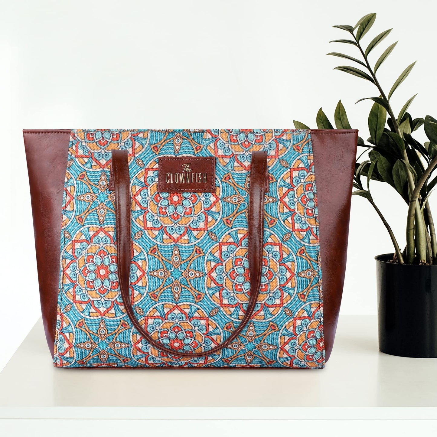 THE CLOWNFISH Valentine Printed Handicraft Fabric & Faux Leather Handbag for Women Office Bag Ladies Shoulder Bag Tote for Women College Girls (Light Green)