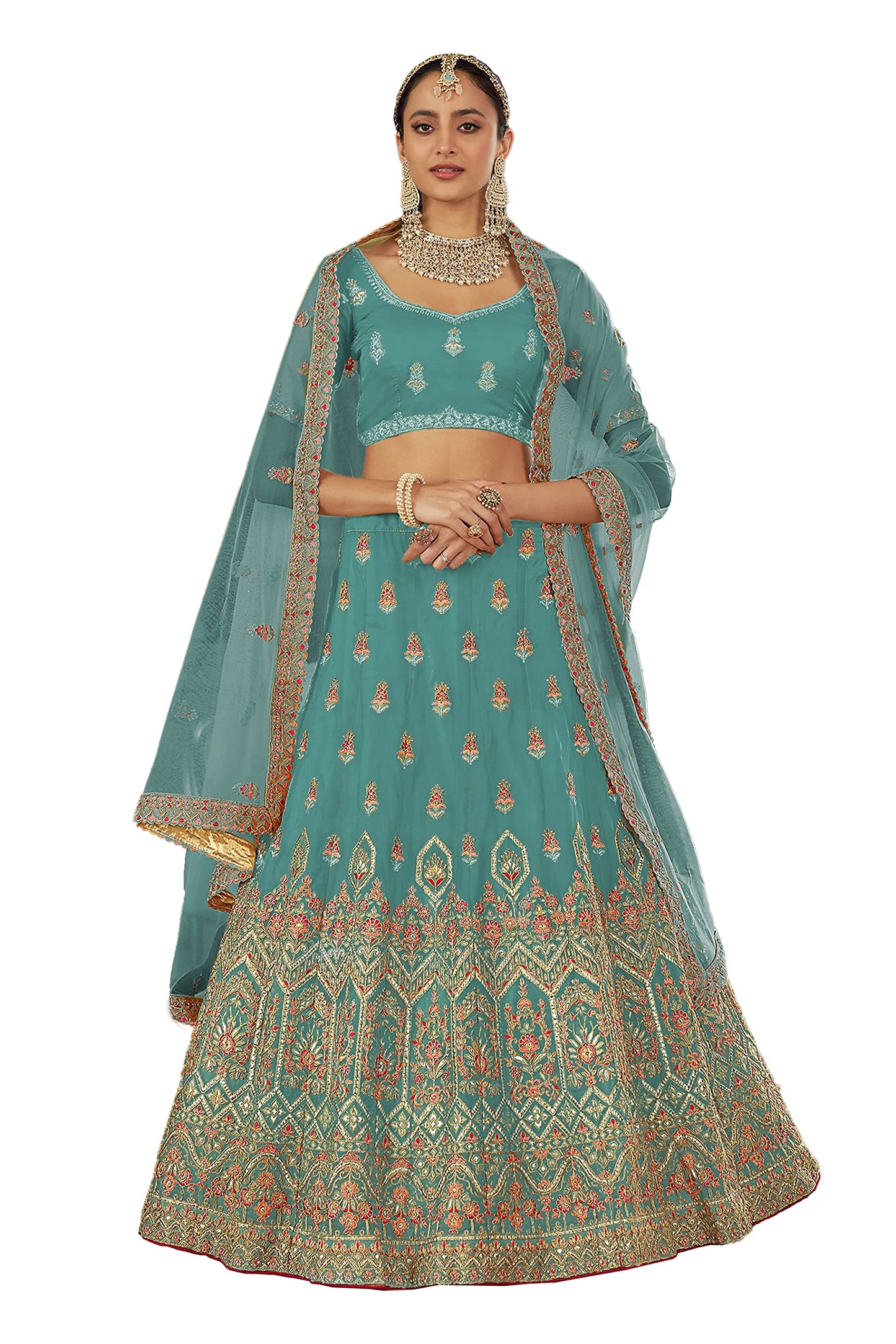 FUSIONIC Turquoise Color Zarkan And Thread Work Organza Base Lehenga Choli For Women
