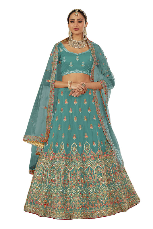 FUSIONIC Turquoise Color Zarkan And Thread Work Organza Base Lehenga Choli For Women