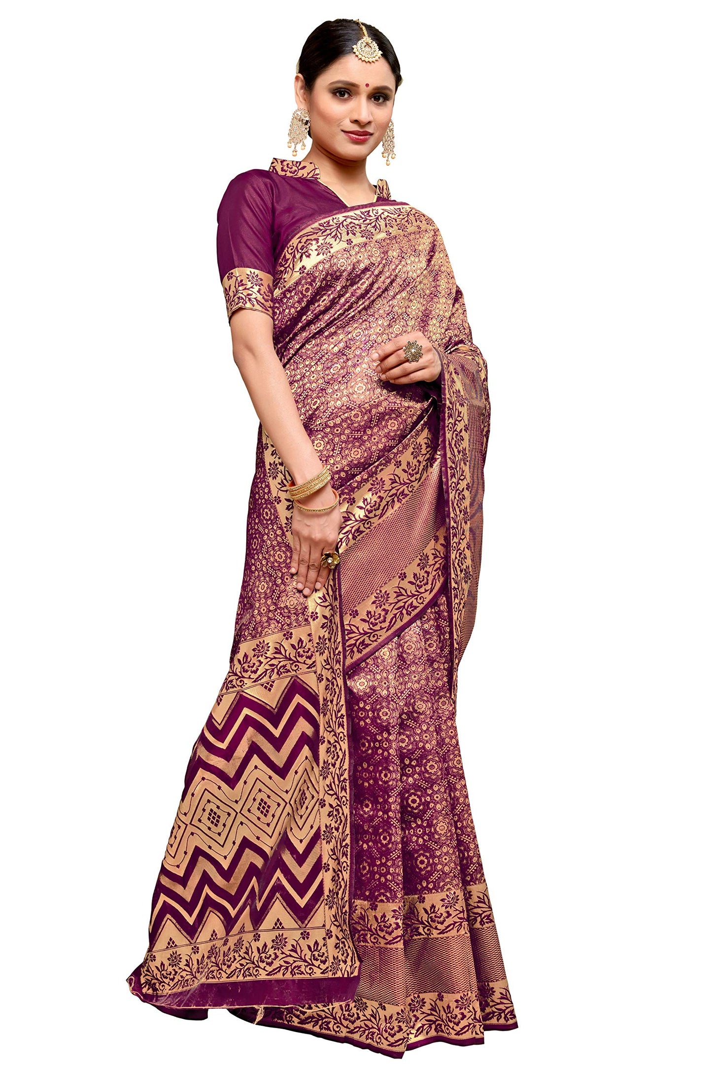 Glory Sarees Women’s Banarasi Silk Saree With Blouse Piece (Kara137_Wine)