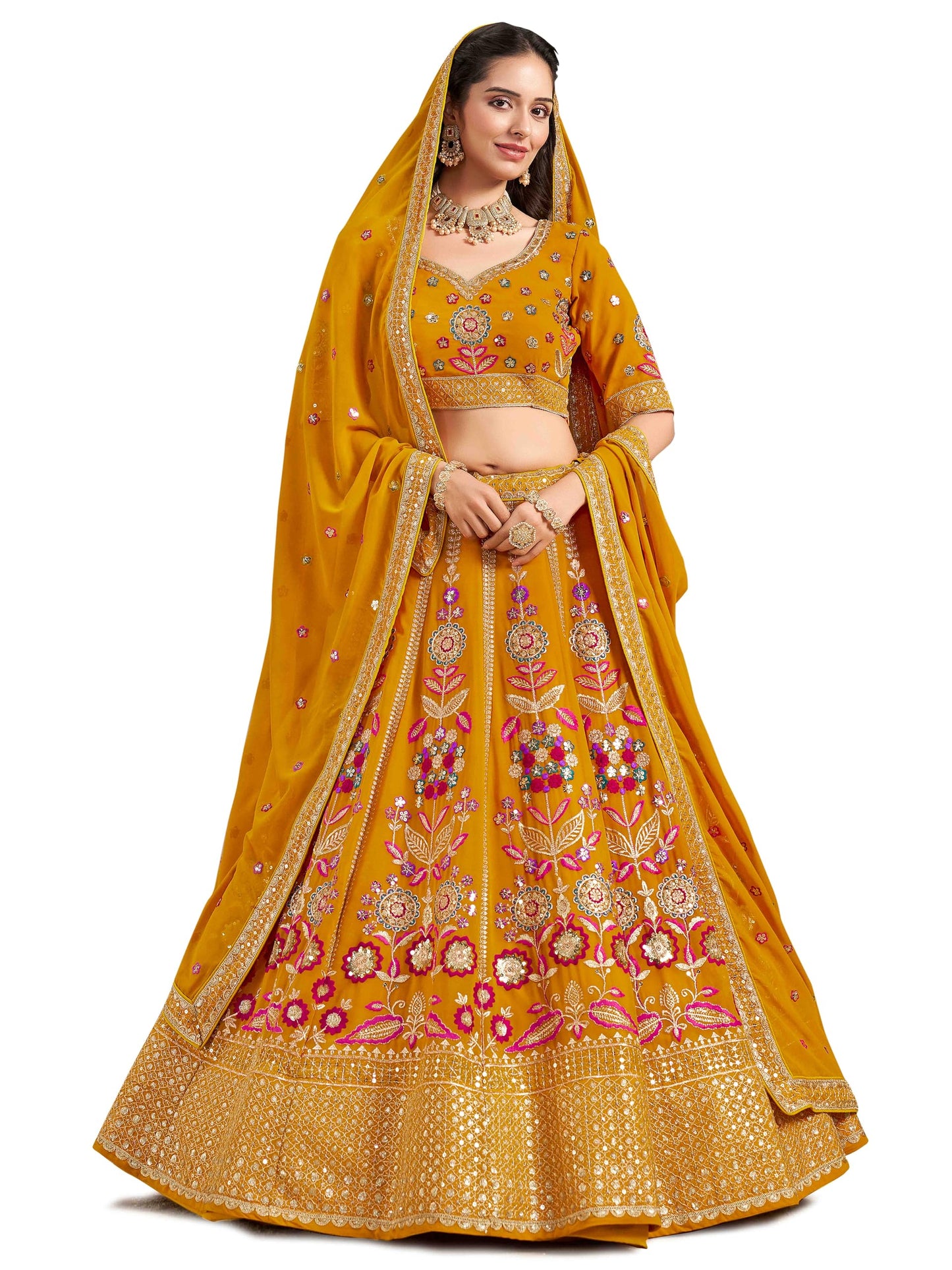 Zeel Clothing Women's Sequins Thread Embroidered Georgette Lehenga Choli With Dupatta (6008-Yellow-Women-Lehenga-Choli-New; Free Size)(Yellow)