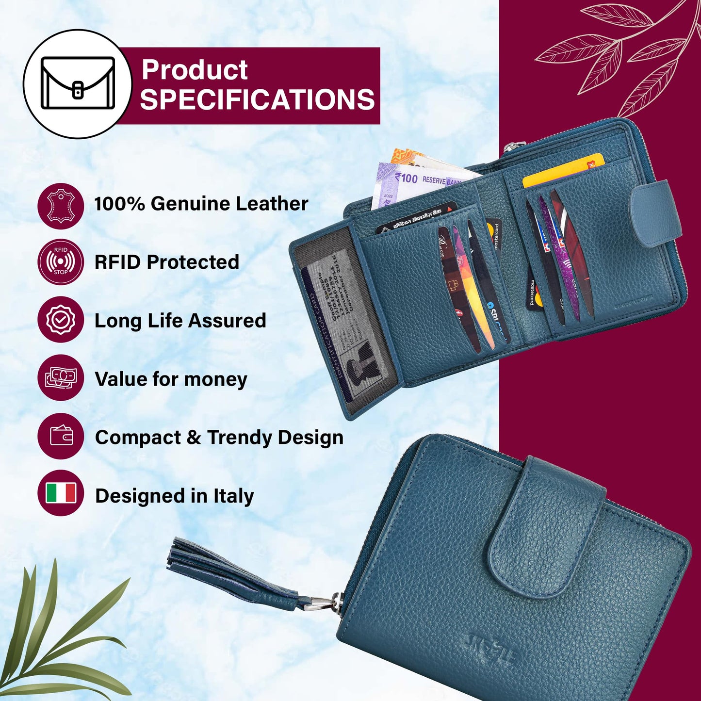 SKYLE Leather Wallet for Women (Blue), RFID Wallets for Girls, Small Ladies Wallet, 14 Card Slots, Cash & Coin Compartment, Purse with Button Closure & Strong Zipper