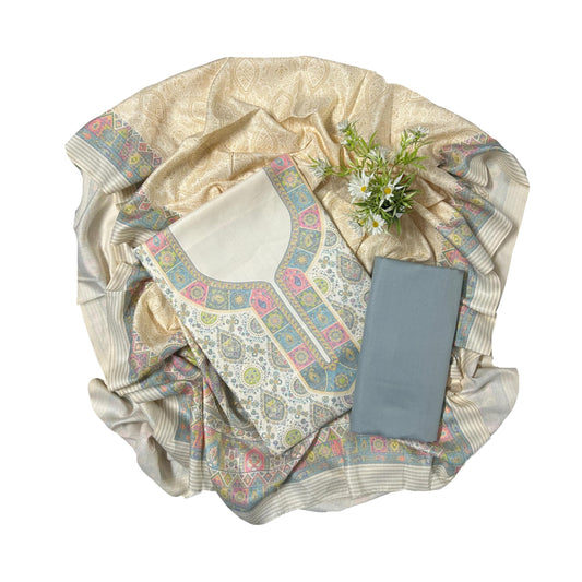 EJS Women's Unstitched Woolen Pashmina Printed Salwar Suit Dress Material With Soft/Pashmina Shawl (Grey)