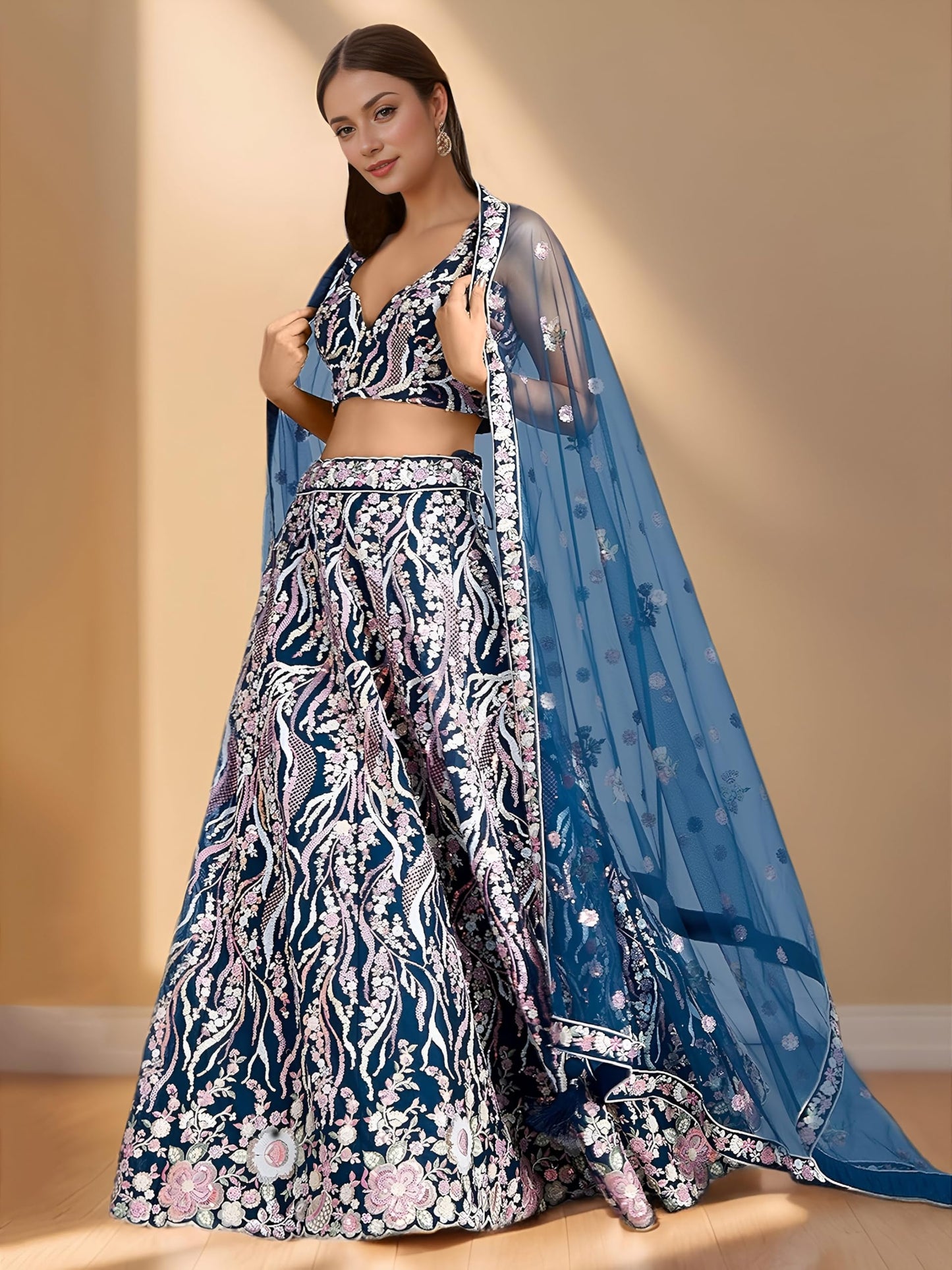 Zeel Clothing Women's Sequins Embroidered Work Soft Net Designer Lehenga Choli With Dupatta (6033-Blue-Wedding-Stylish-Lehenga-Choli-Latest; Free Size)