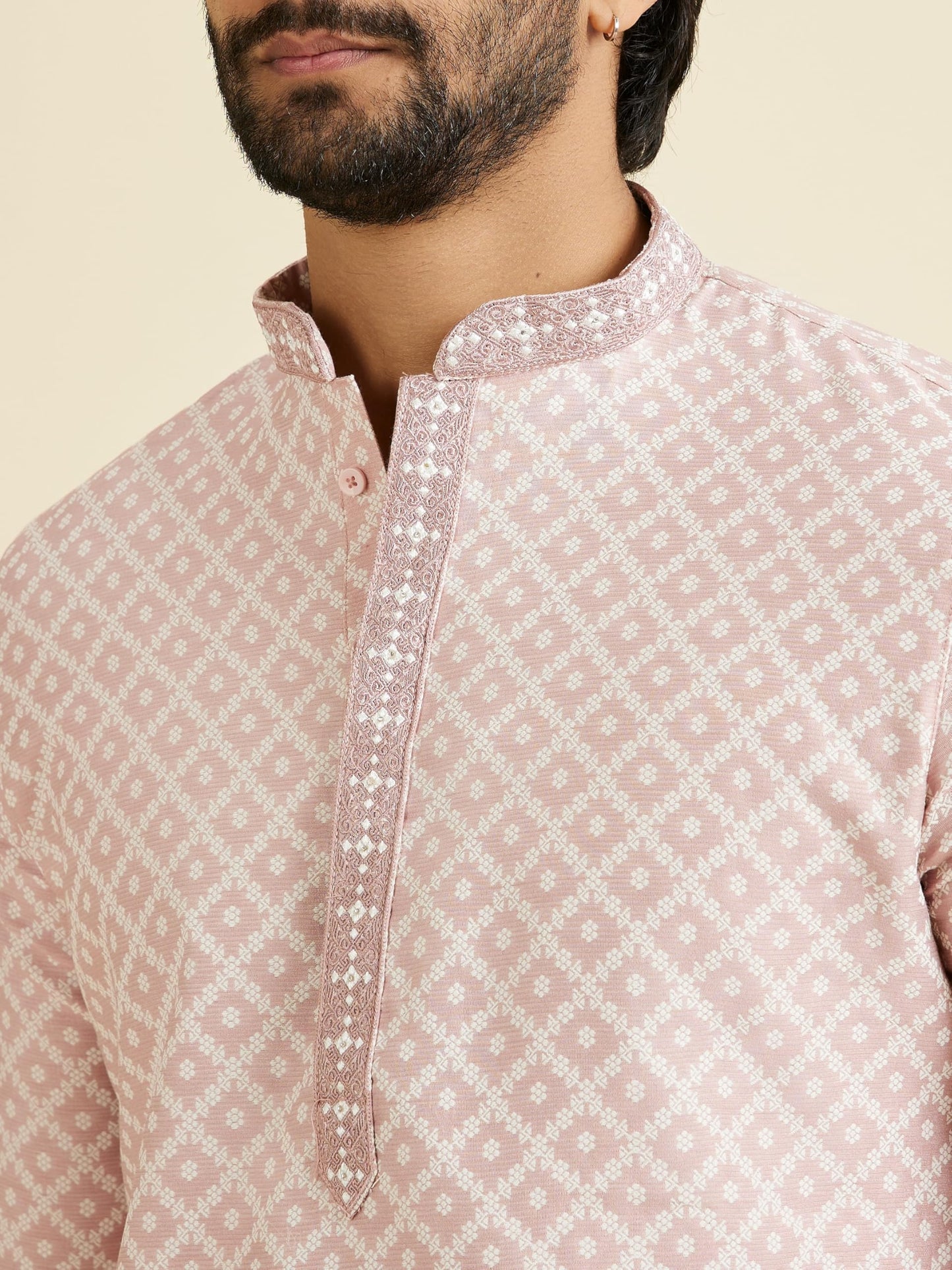 Manyavar Men's Art Silk Jacquard Embroidered Kurta Pyjama Set (Pink,L)