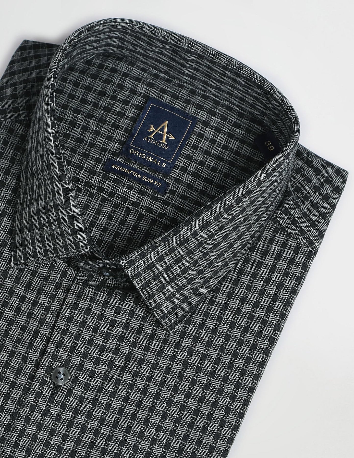 Arrow Men's Grey Checked - Cutaway Collar Full Sleeves Formal Shirt with Chest Pocket | Cotton Fabric | Slim Fit