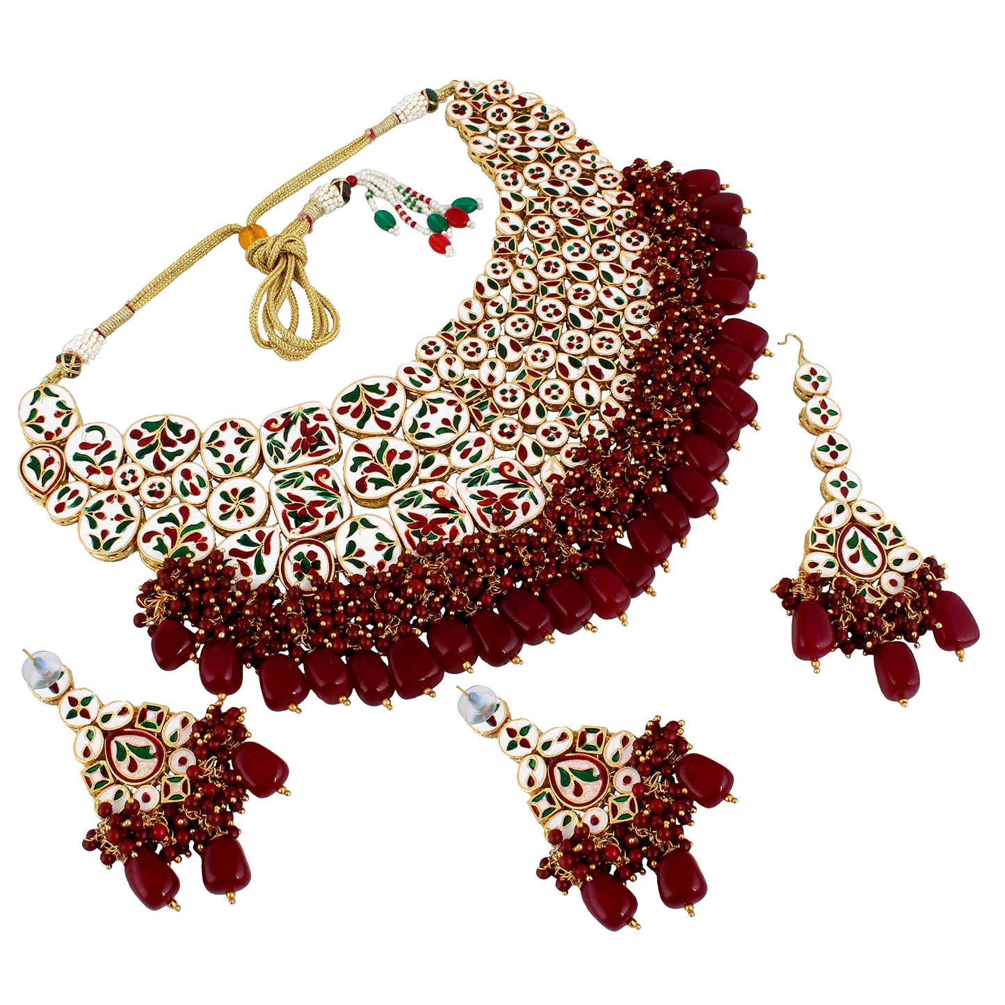 Lucky Jewellery Meenakari 18K Gold plated Maroon color Uncut dibbi Kundan Combo Necklace Set