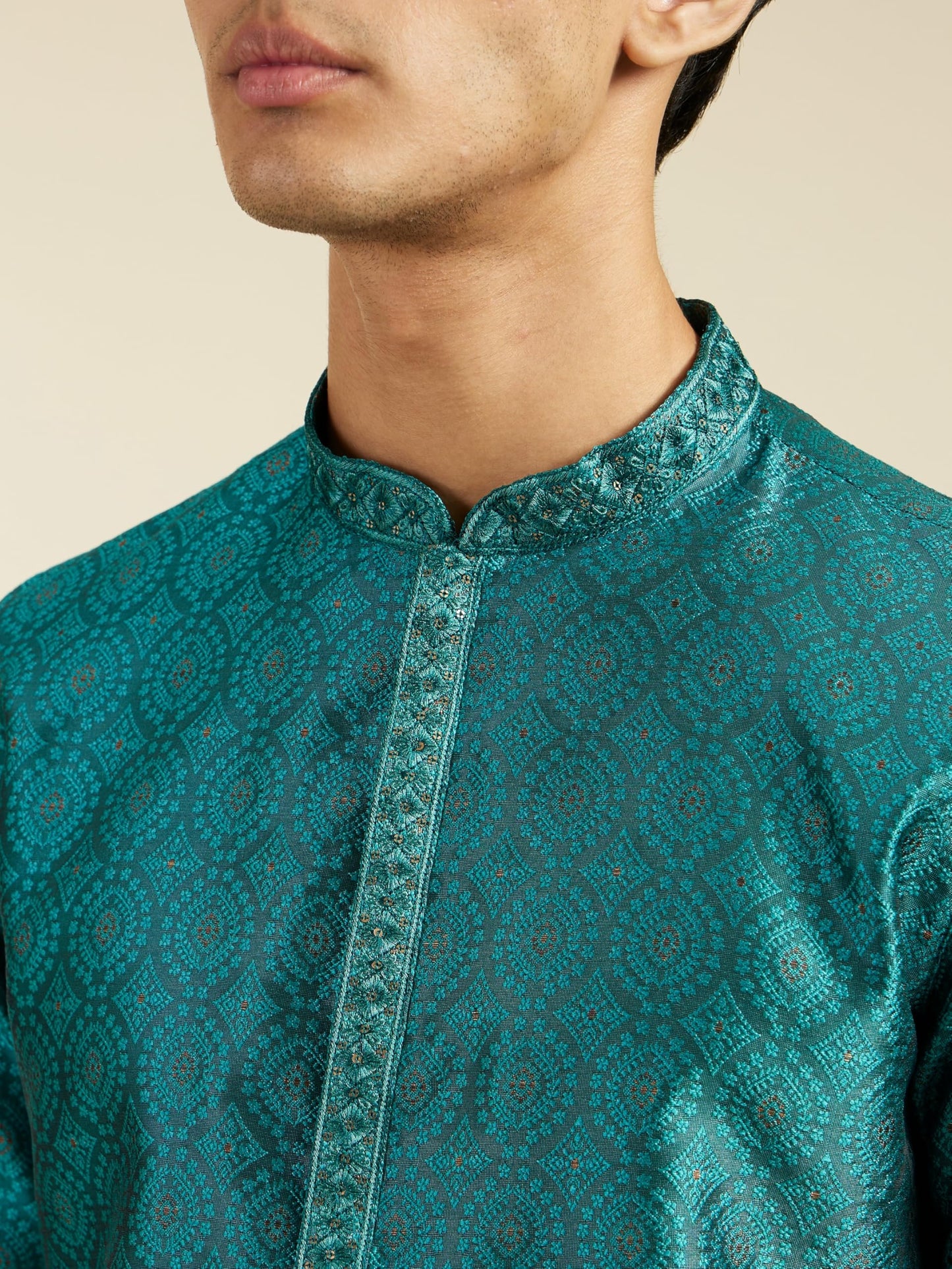 DIWAS BY MANYAVAR Men's Art Silk Jacquard| Self Design Kurta (Teal Green,XXXL)