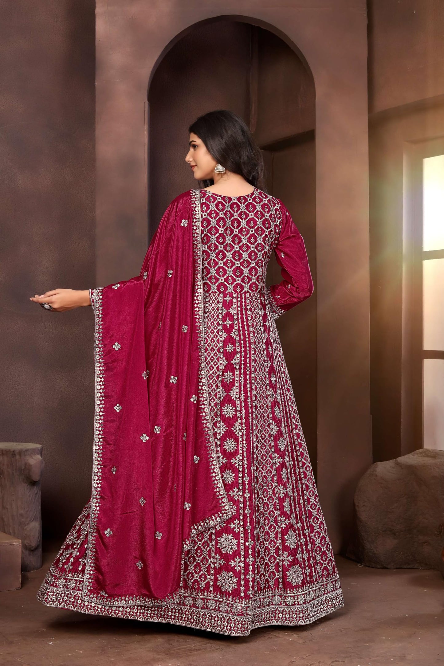 Miss Ethnik Women's Maroon Chinon Stitched Gown with Dupatta Full Sleeve Embroidered A-Line Gown (ME-1236-Maroon-M)