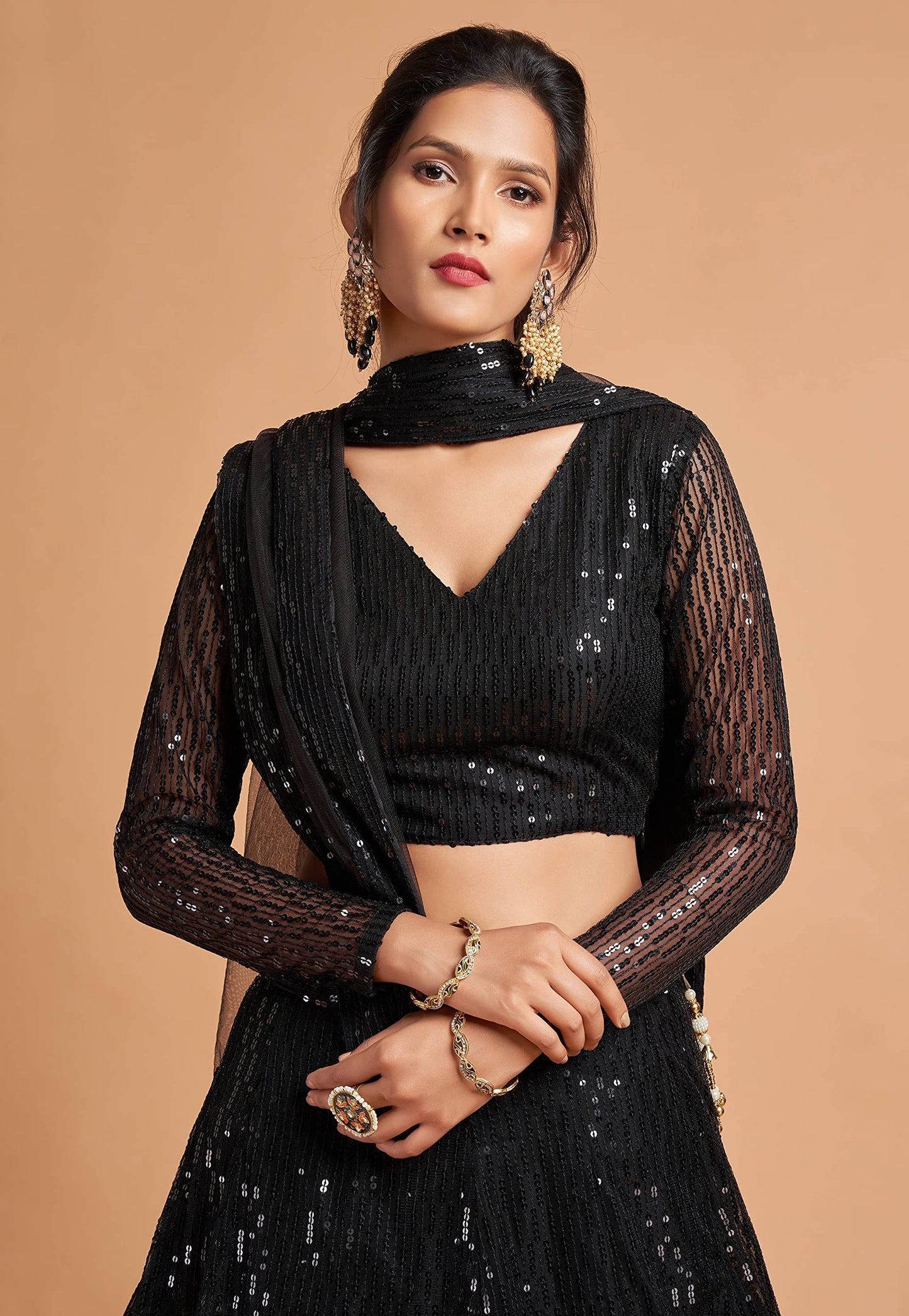 Zeel Clothing Women's Black Net Embroidered Semi-Stitched New Lehenga Choli with Dupatta (7308Black-Wedding-Girlish-Latest-Lehenga; Free Size)