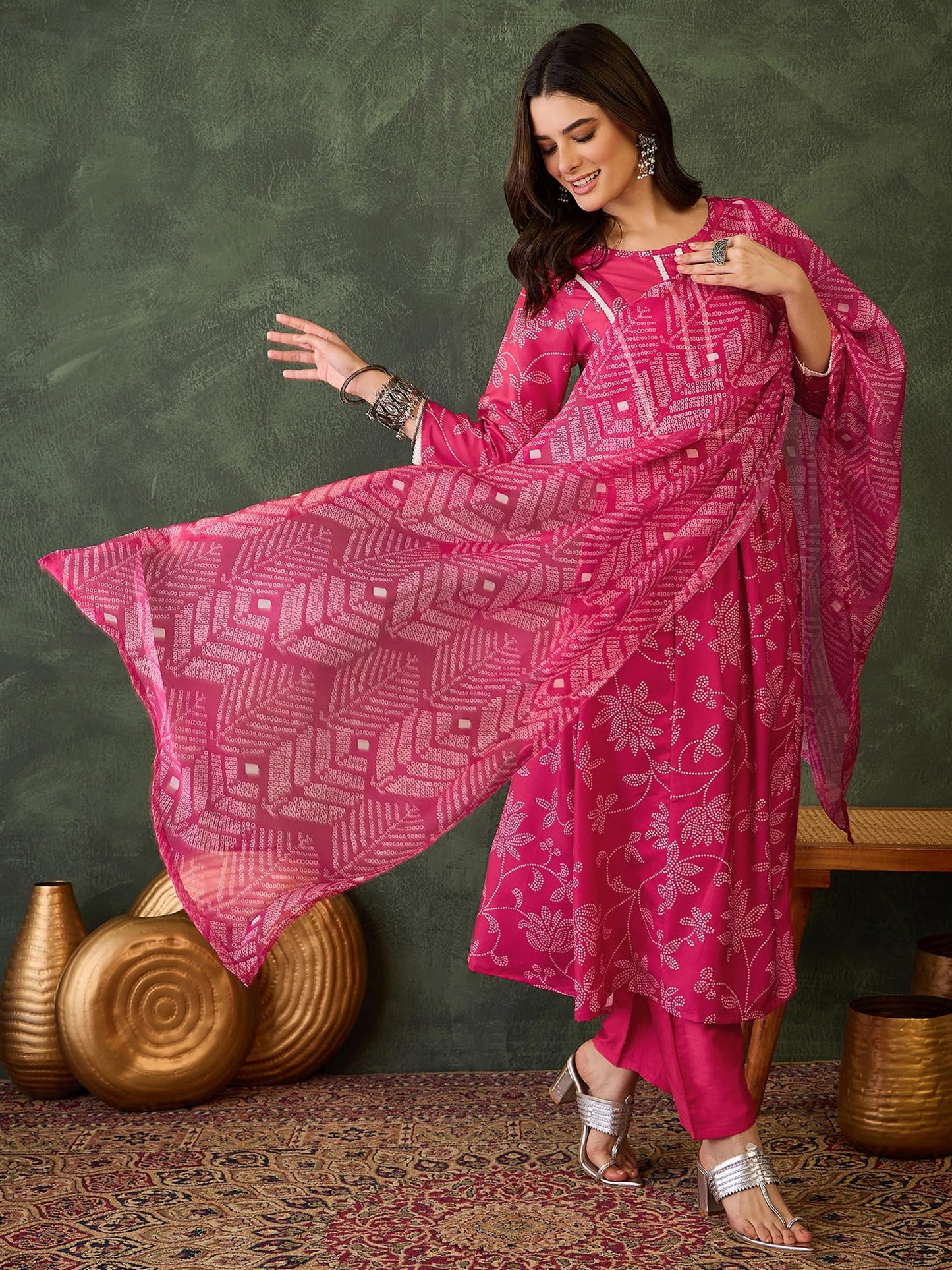 VARNI FABRIC Rayon Kurta Set for Women |Full Sleeves Floral Printed A-Line Kurta Set | Woman Salwar Suit with Pant & Dupatta | Festive Wedding Ethnic Wear | Prefect for Office Summer | Rani | 2XL