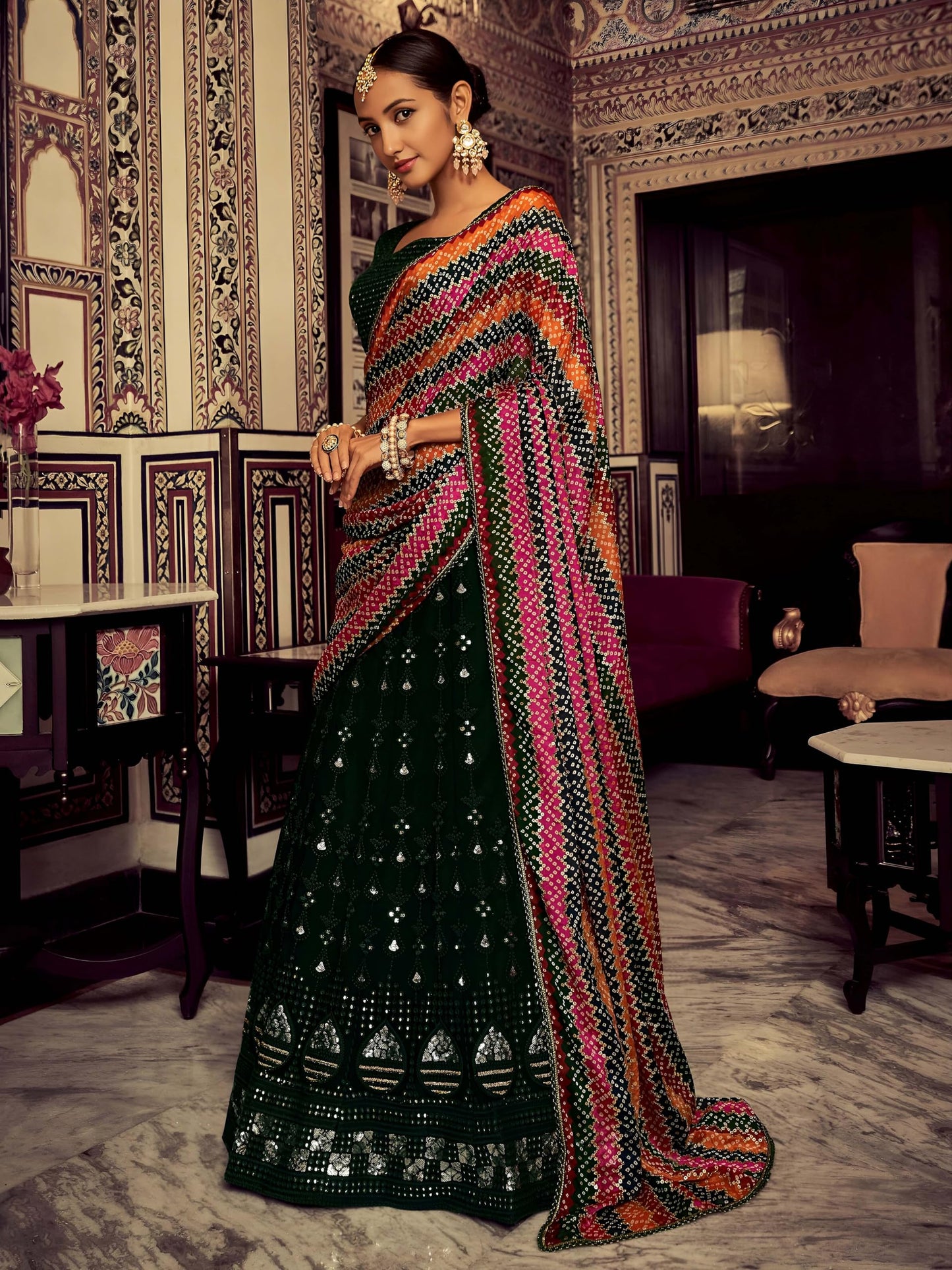 Zeel Clothing Women's Sequins Thread Embroidered Georgette Lehenga Choli With Dupatta (6003-Green-Women-Lehenga-Choli-New; Free Size)(Green)