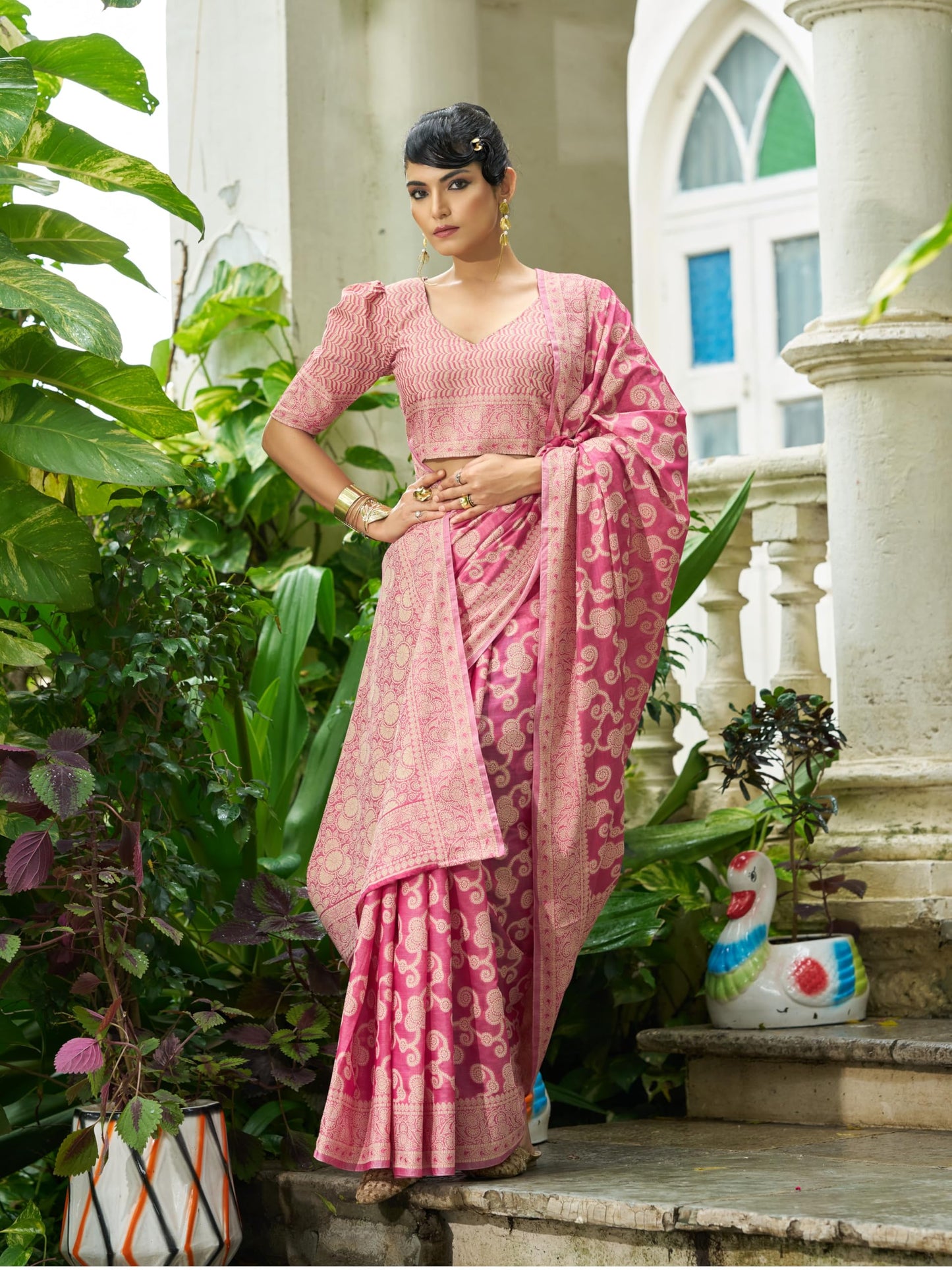 SWORNOF Women's Lucknowi Chikankari Linen cotton Woven Sarees For Women with Blouse sarees for Women (PINK2)