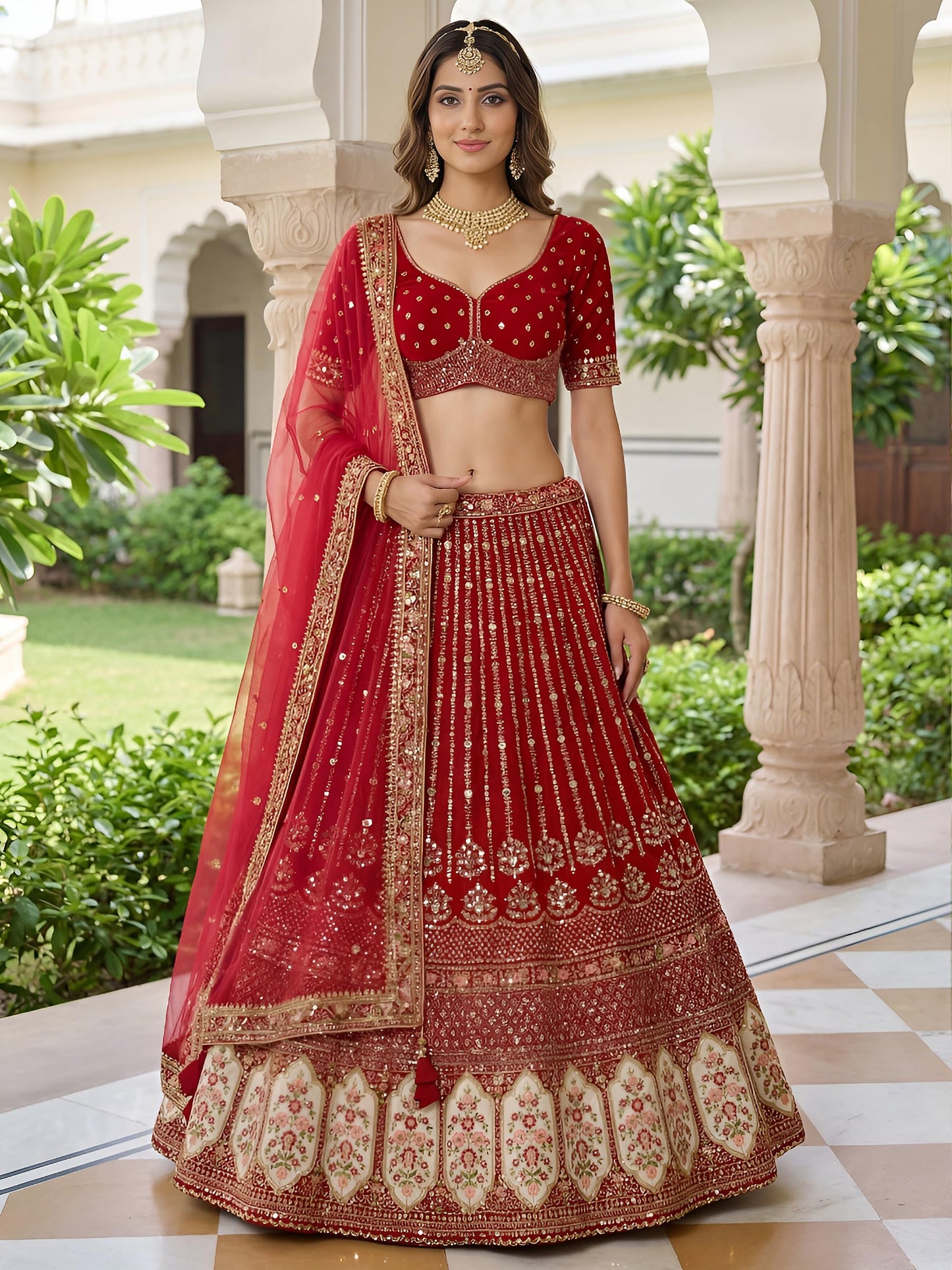 Zeel Clothing Women's Zari, Dori, and Resham With Sequins Embroidered Work Organza Lehenga Choli With Dupatta (5113-Maroon-Women-Lehenga-Choli-Latest; Free size)