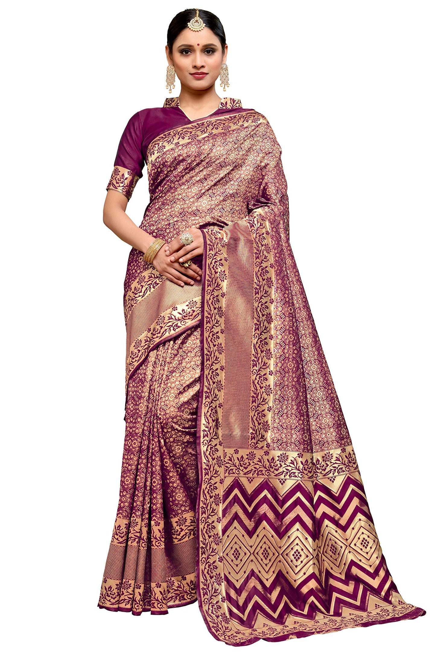 Glory Sarees Women’s Banarasi Silk Saree With Blouse Piece (Kara137_Wine)