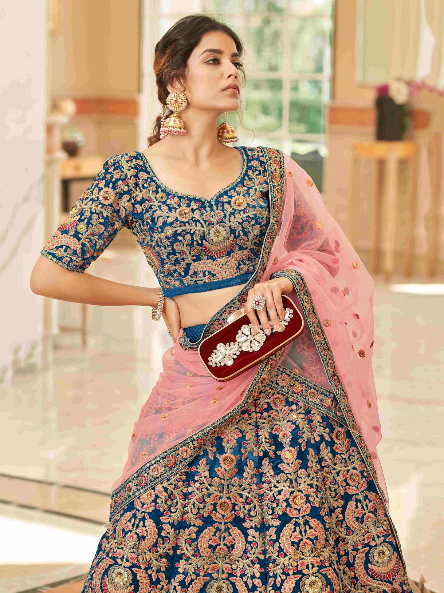 Zeel Clothing Blue Heavy Embroidered Velvet Semi-Stitched Lehenga Choli For Women (7071-Blue-Wedding-Bridal-Latest-New; Blue_Free Size)