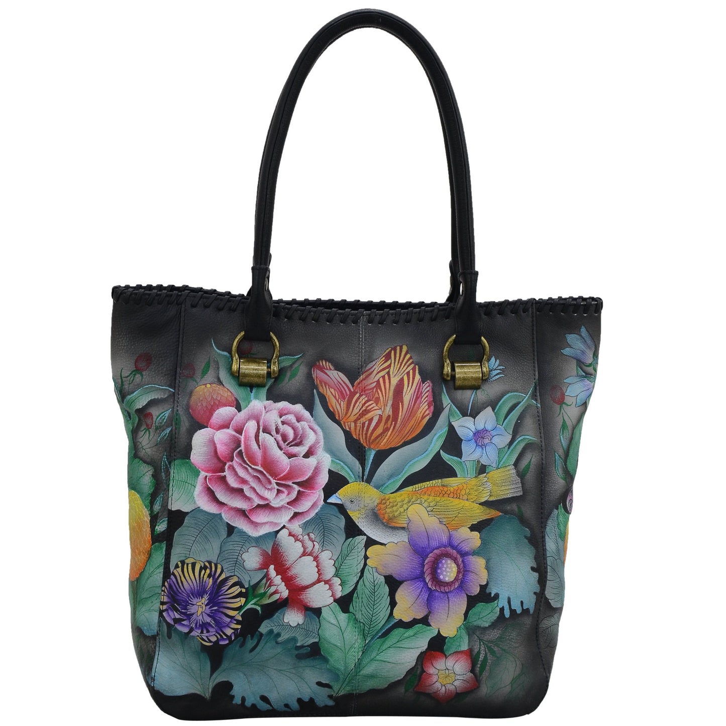 Anuschka Women’s Hand-Painted Genuine Leather Tall Tote With Double Handle - Vintage Bouquet