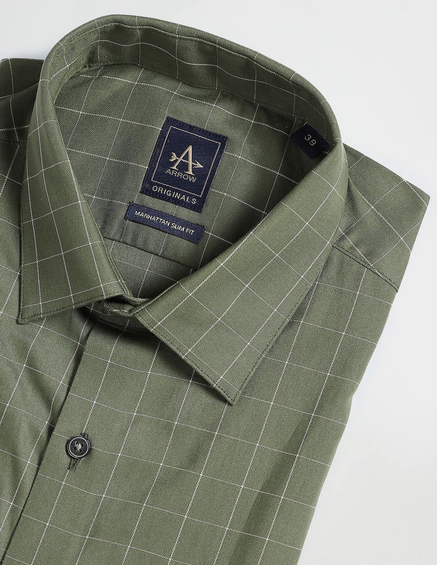 Arrow Men's Checkered Full Sleeve Slim Fit Cutaway Collar Cotton Formal Shirt (ARADOSH1244_Dark Green_40)