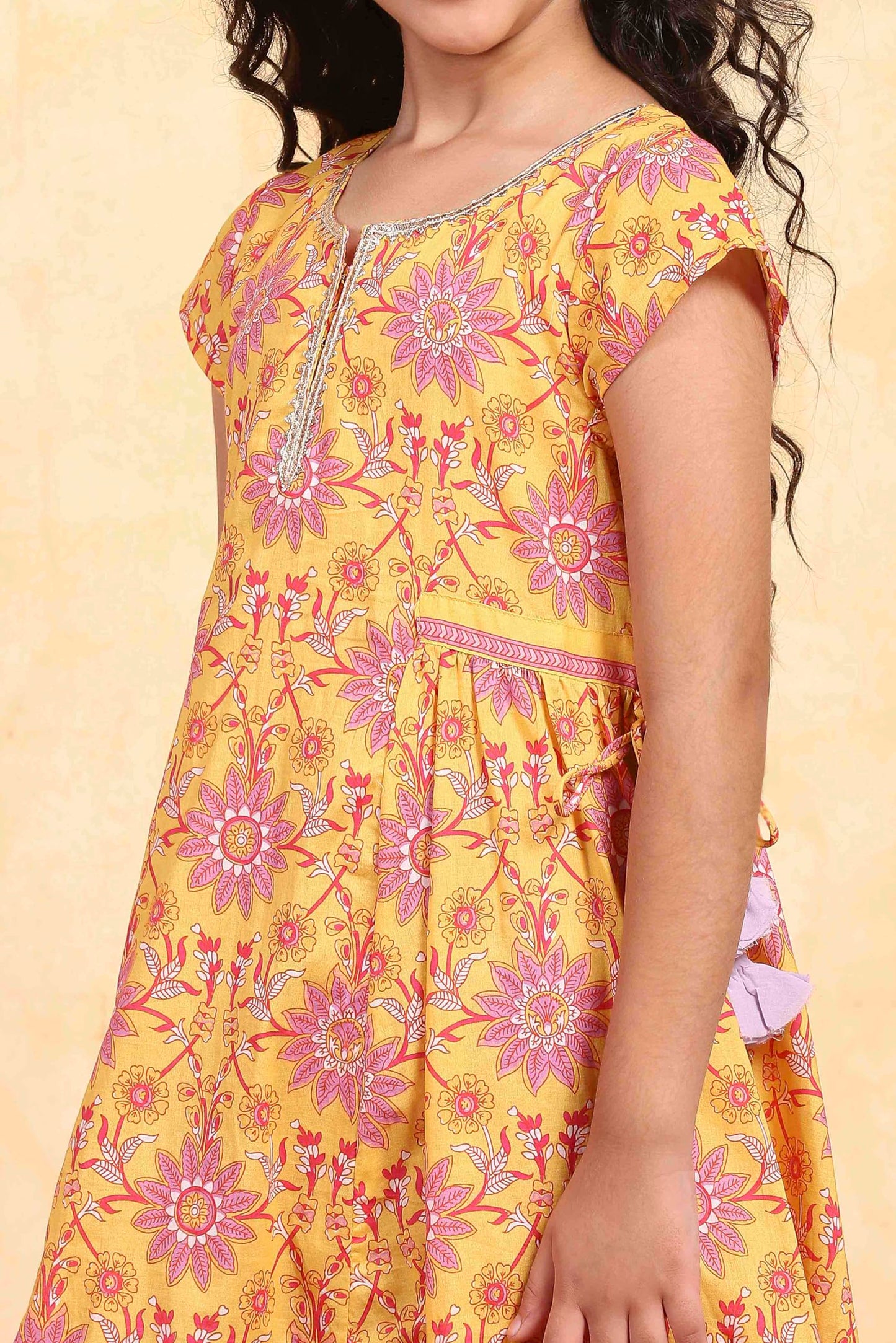 Biba Girl's Yellow Cotton Flared Printed Suit Set