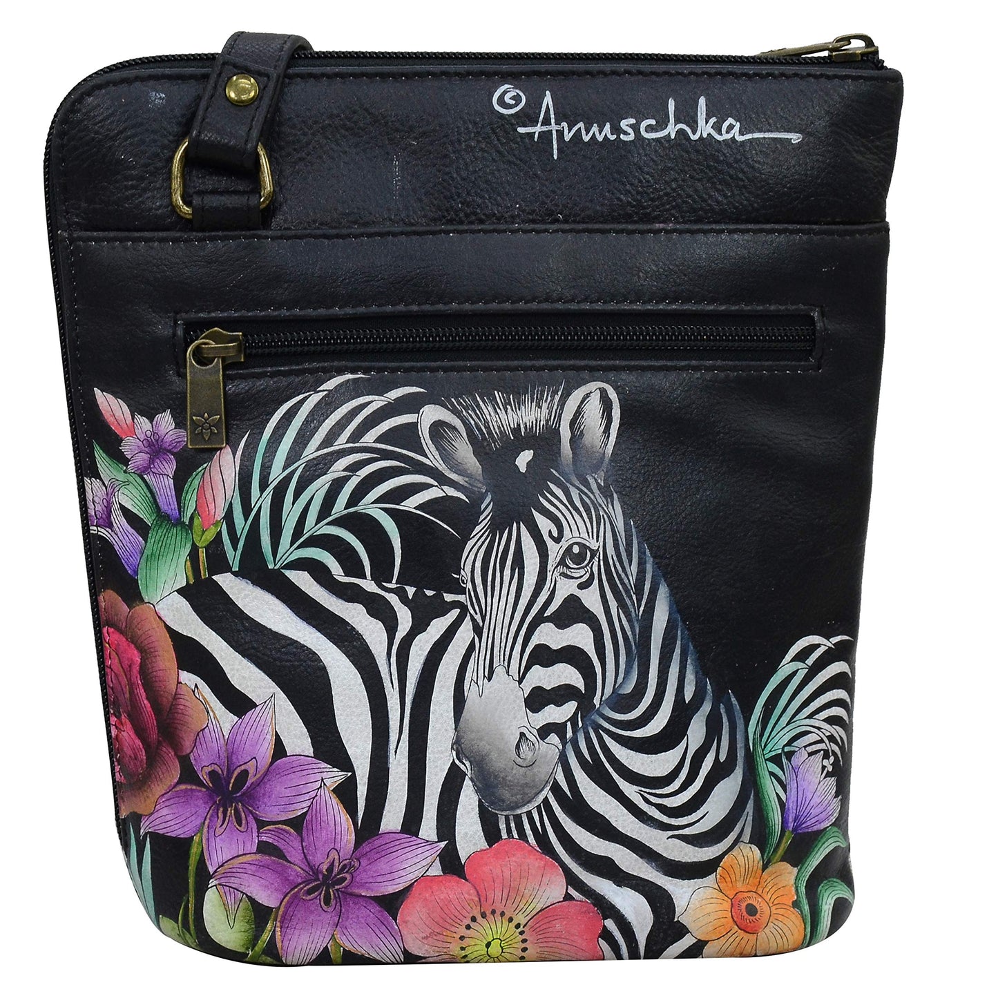 Anuschka Women's Hand Painted Genuine Leather Crossbody Organiser With Extended Side Zipper - Playful Zebras