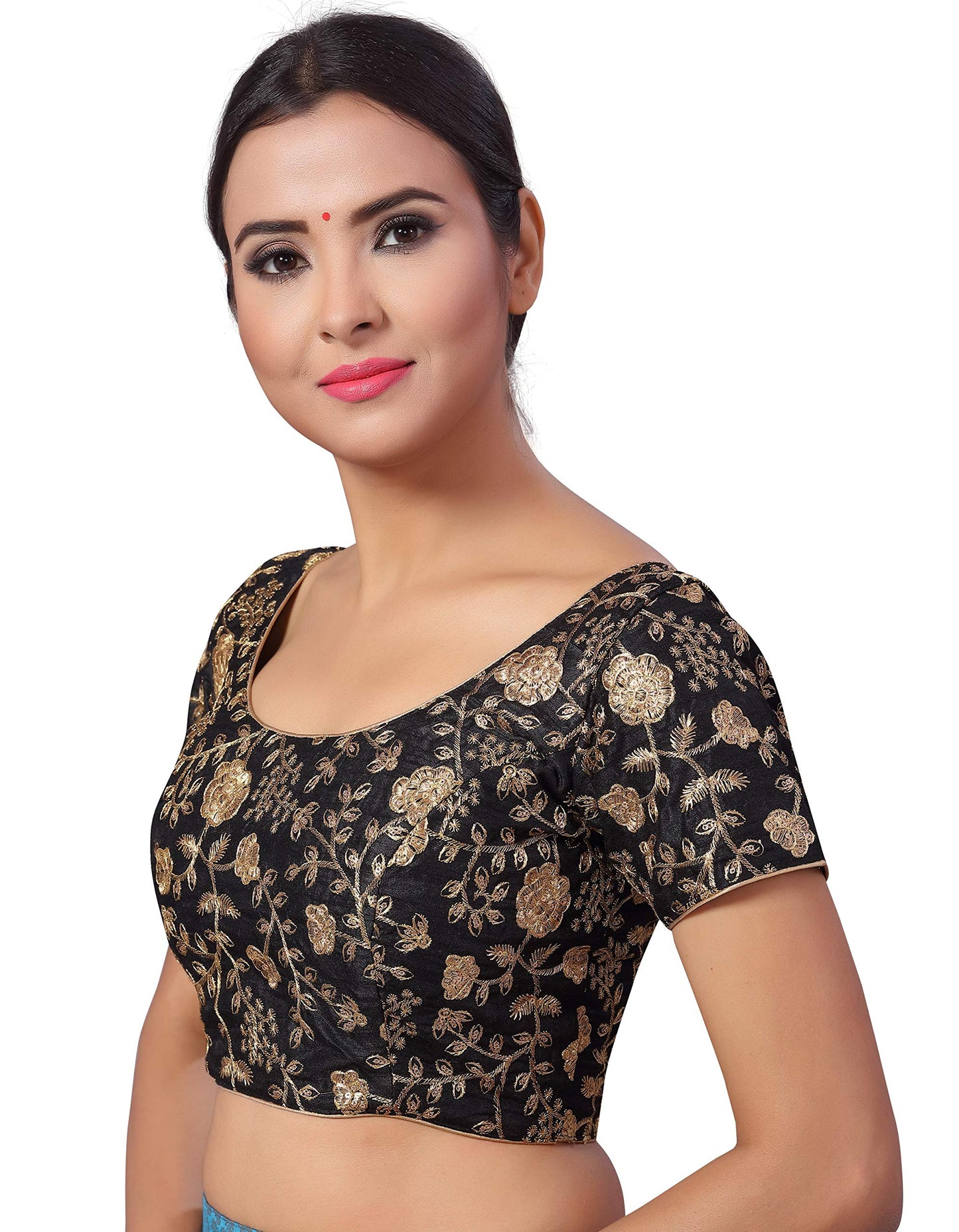 Studio Shringaar Women's Polyester Readymade Embroidered Saree Blouse with Short Sleeves (Black, 38)