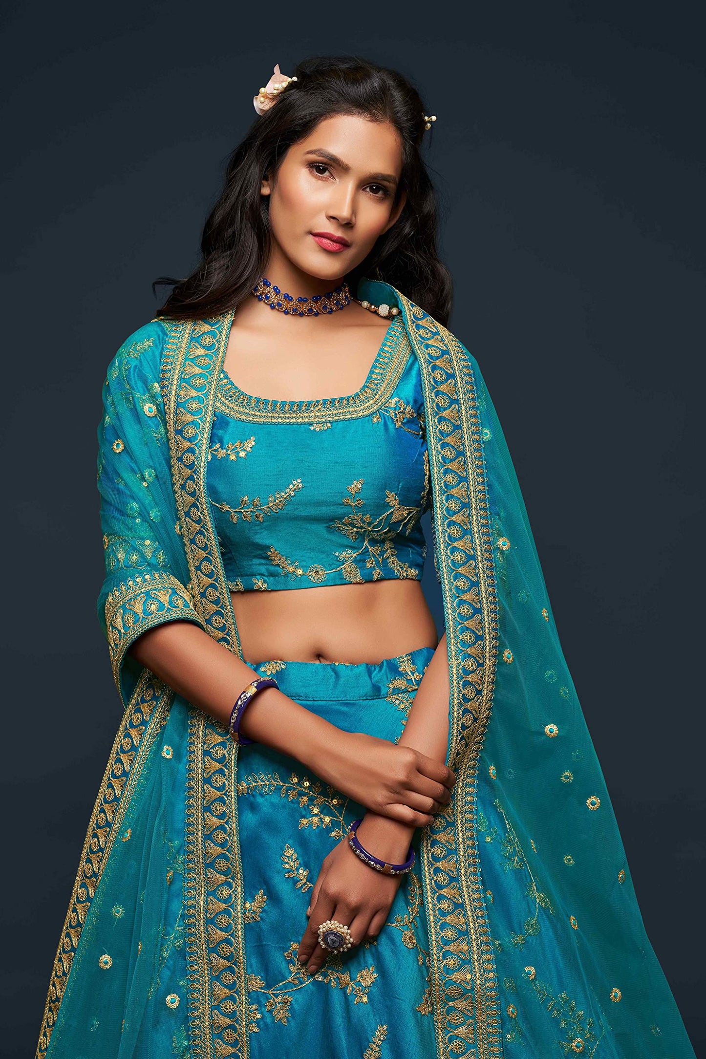 Divine International Trading Co Women's Art Silk Lehenga Choli With Dupatta (ZC7807-TURQUOISE_Unstitched)