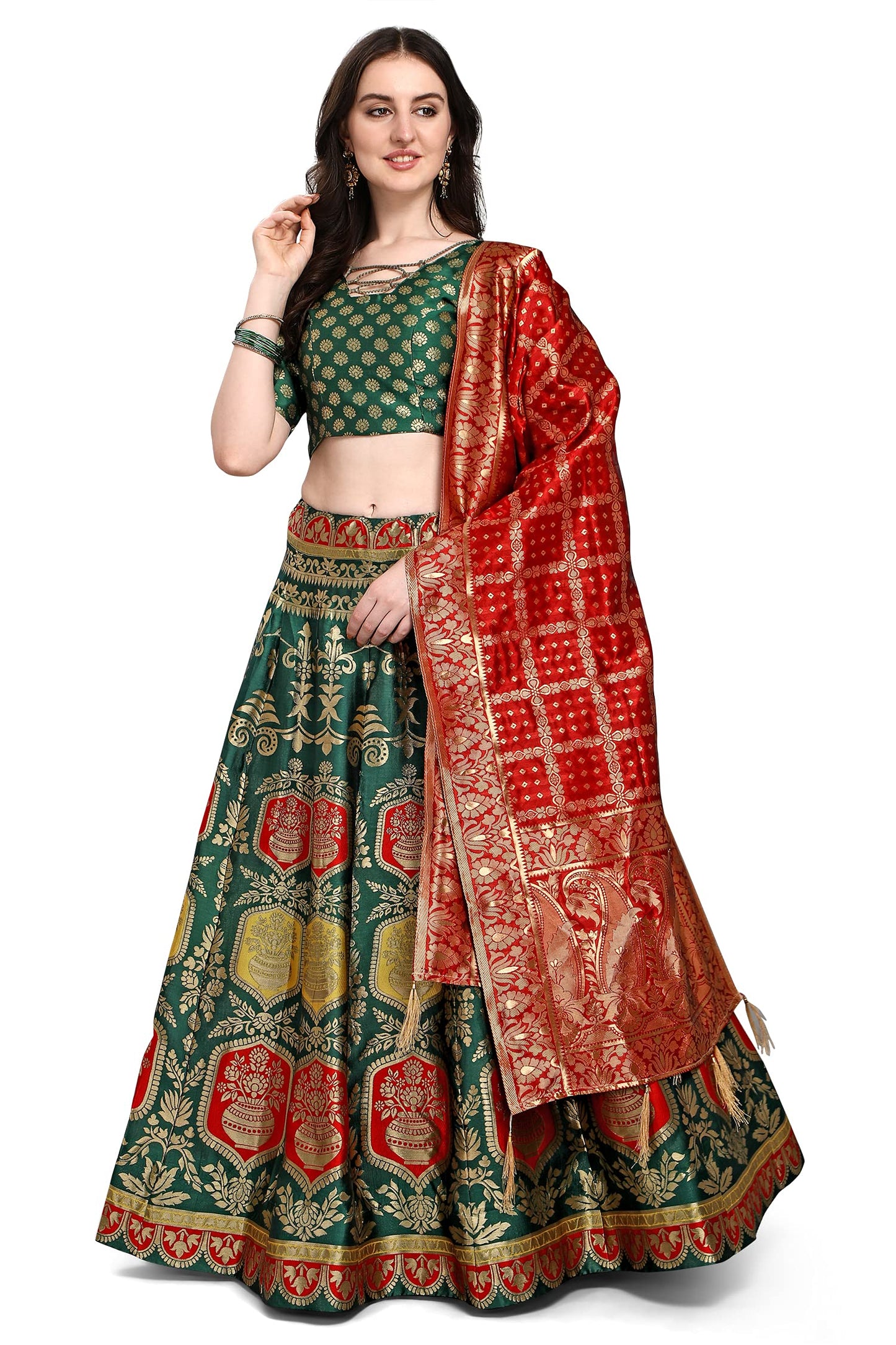 PURVAJA Women's Jacquard Semi-Stitched Lehenga choli (Kalash-D-Green_Green_Free Size)