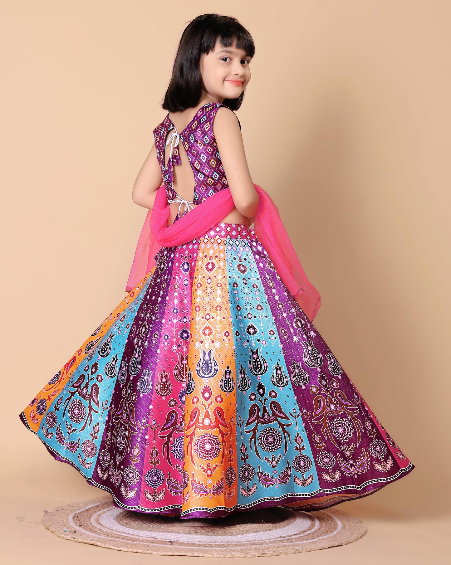 Dhyanom Fully Stitched Readymade Kids Lehenga Choli Set For Girls (Dusty Multi, 9-10 Years) | Material: Polyester Blend