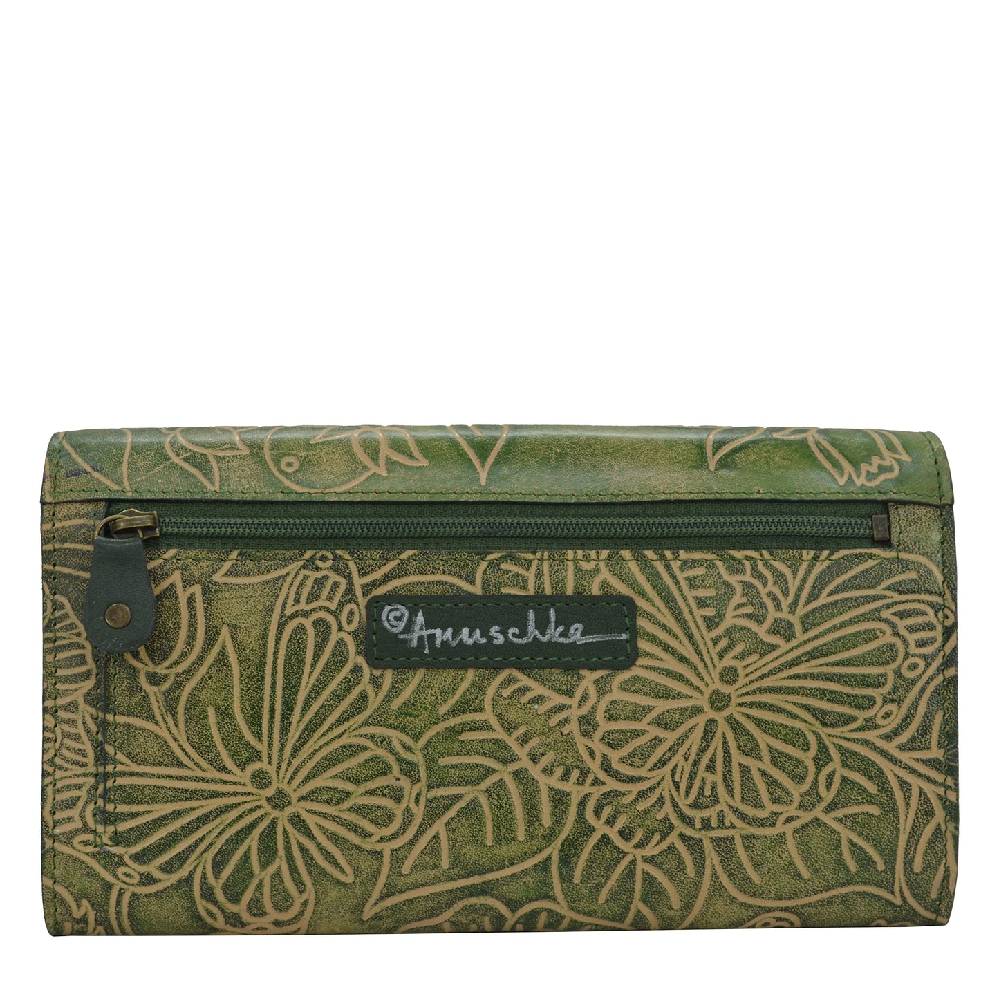 Anuschka Women's Hand-Painted Genuine Vegetable Tanned Leather Accordian Flap Wallet - Tooled Butterfly Jade