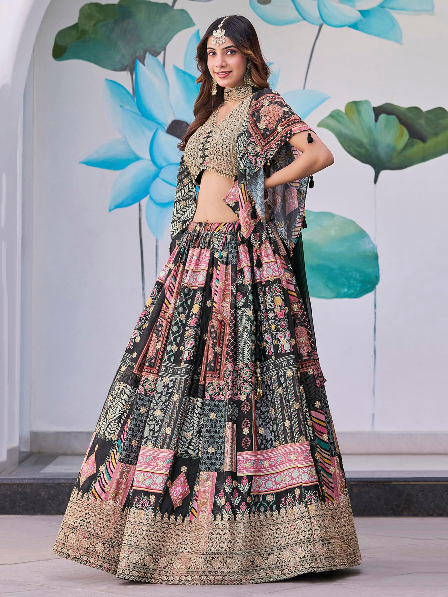 Zeel Clothing Women's Digital Print with Zari Dori Embroidery Work Chinnon Silk Lehenga Choli With Dupatta (7050-Black-Women-Lehenga-Choli-Latest; Free size) (Black)