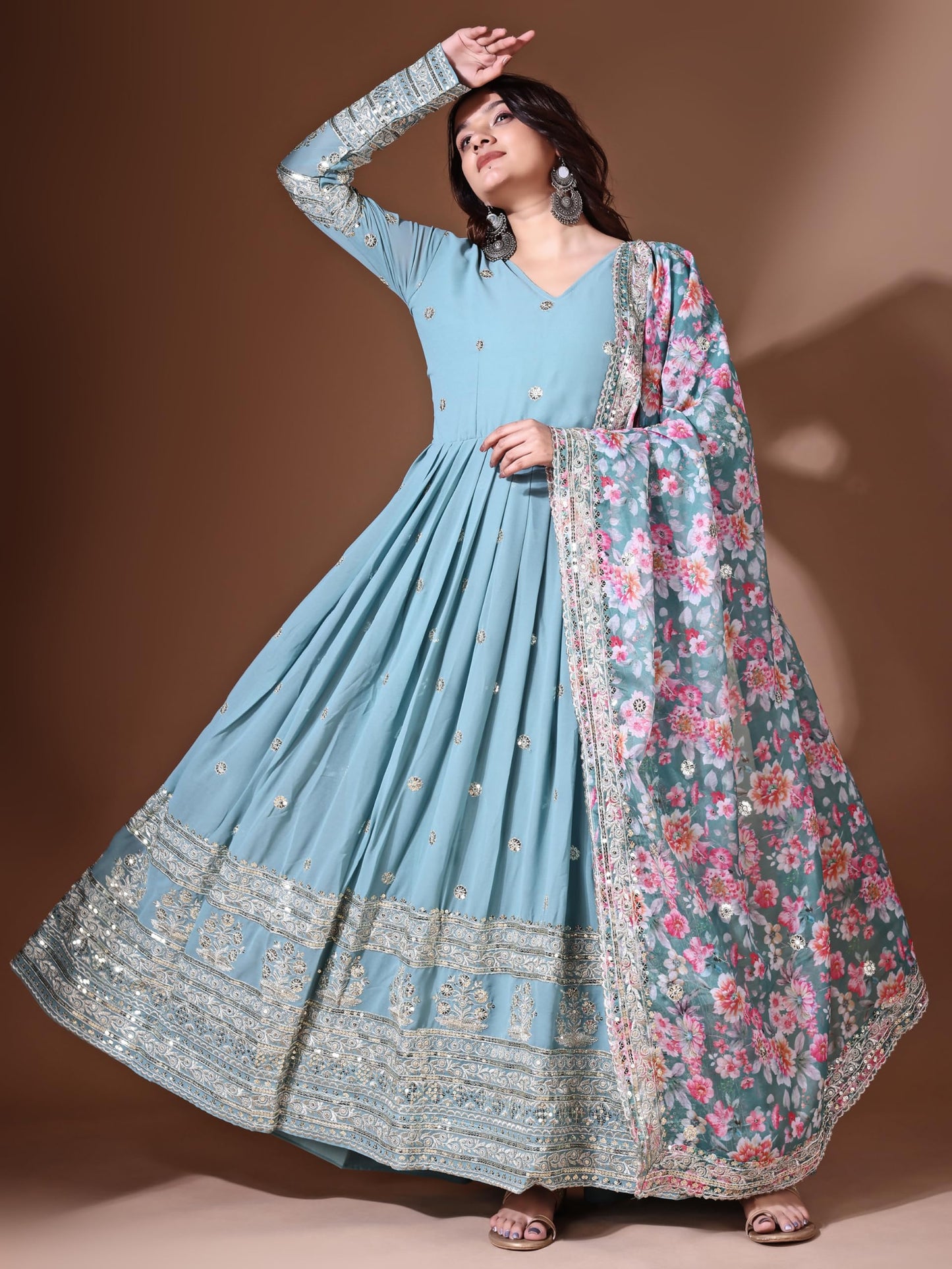 Fashion Basket Georgette Embroidered Anarkali Dress for Women (in, Alpha, 2XL, Regular, Sky Blue)