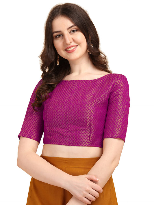 OOMPH! Women's Indian Ethnic Wear Designer Dot Pattern Zari Work Boat Neck Half Sleeve Pink Color Jacquard Readymade Blouse for Saree or Lehnga and Fusion Twist. S