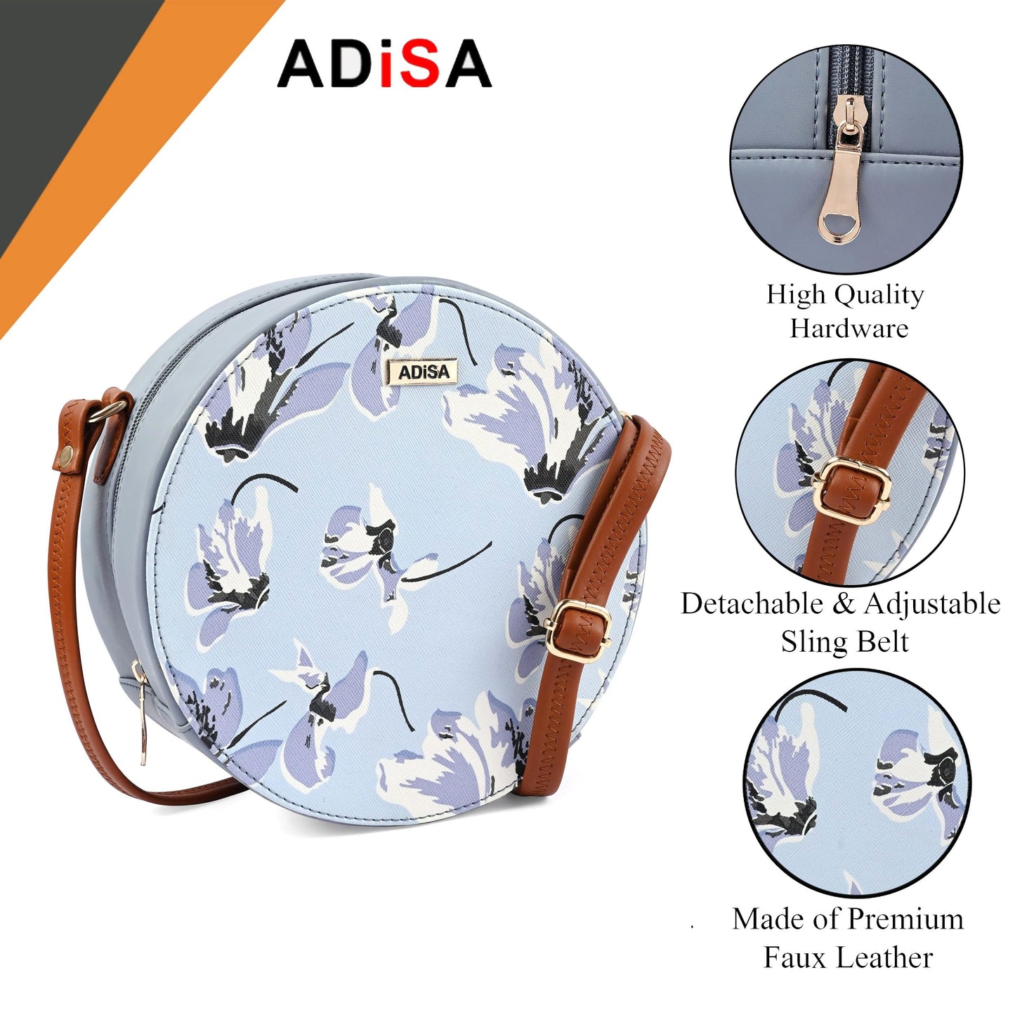 ADISA Women Girls Flower Print Sling Bag Round Crossbody Purse (SL6007-SKY_Blue)