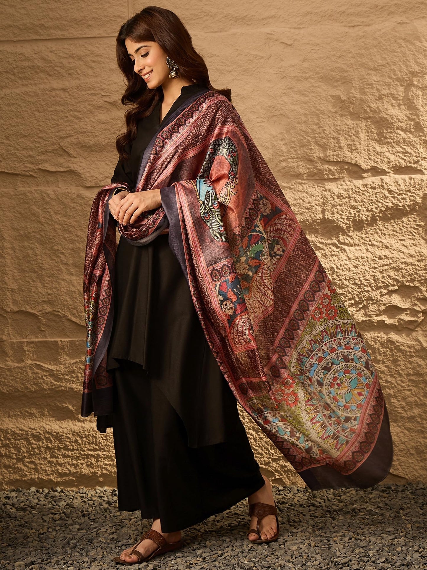 InWeave Mandarin Collar Straight Kurta with Palazzos & Dupatta